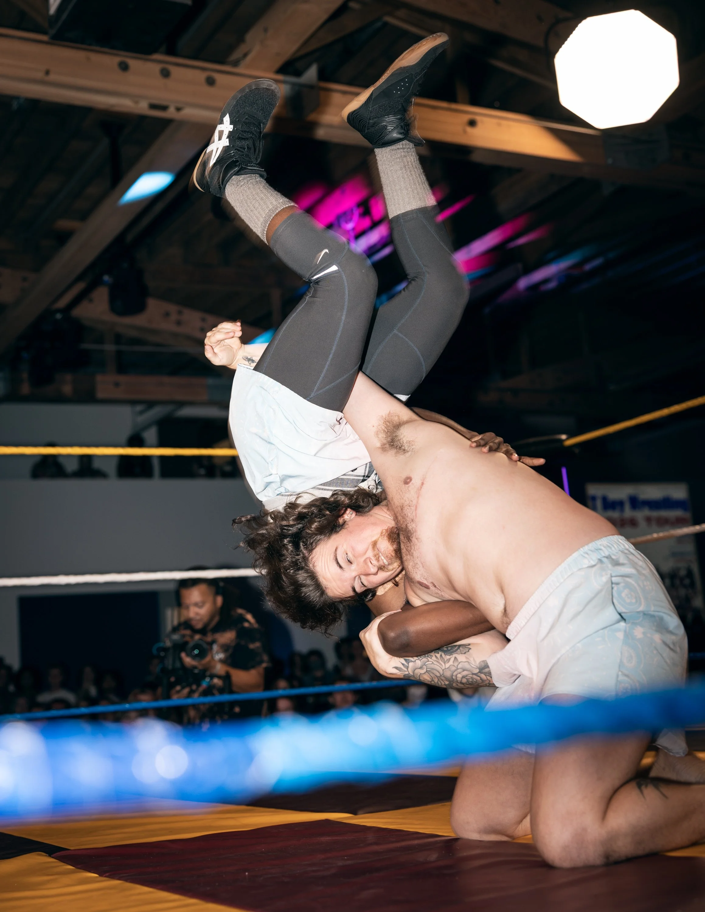 A brutal body slam in the ring at TBOY Wrestling in Portland, OR.