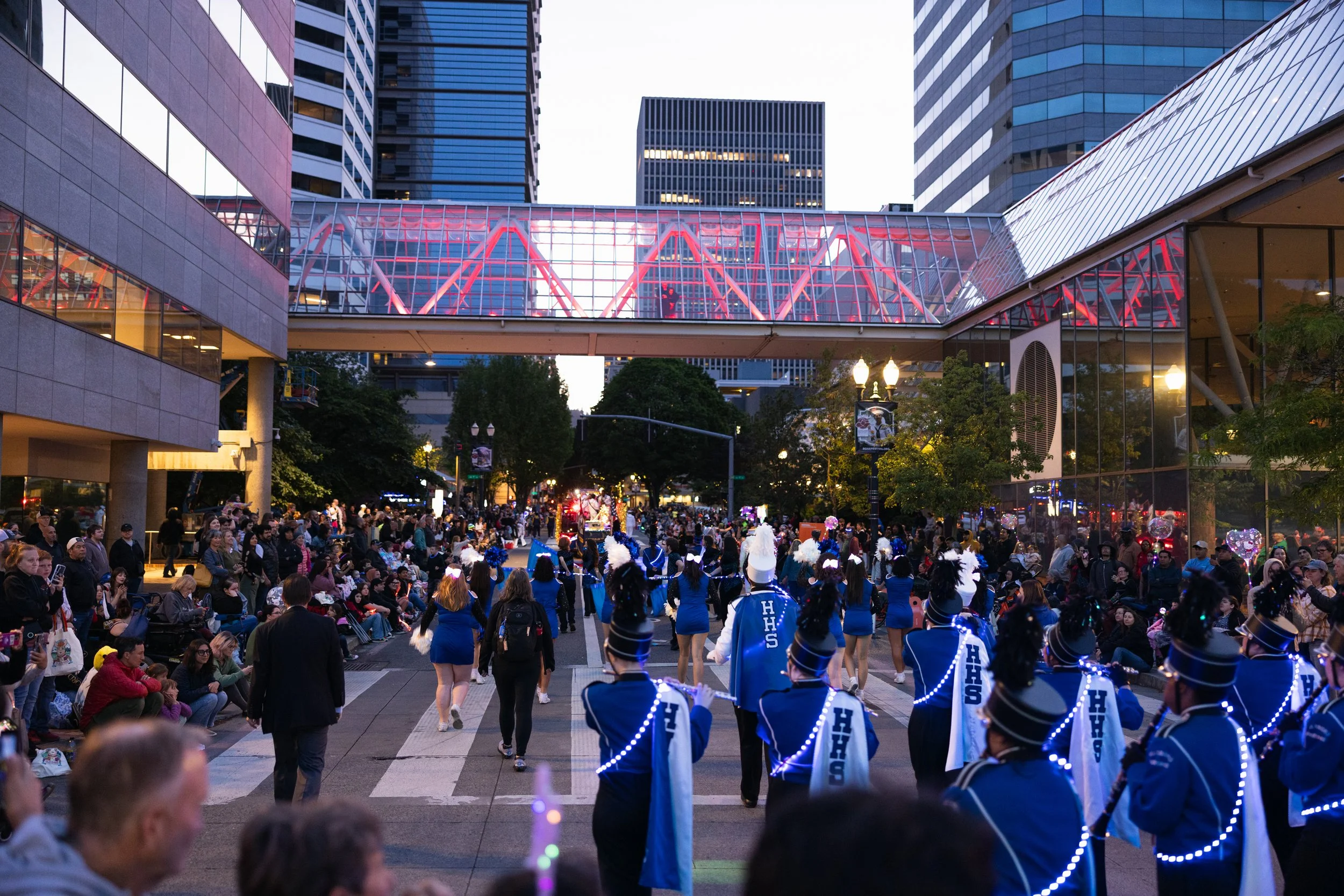 Marching band at the Starlight Parade in Portland, Oregon. Photography by JP Bogan.