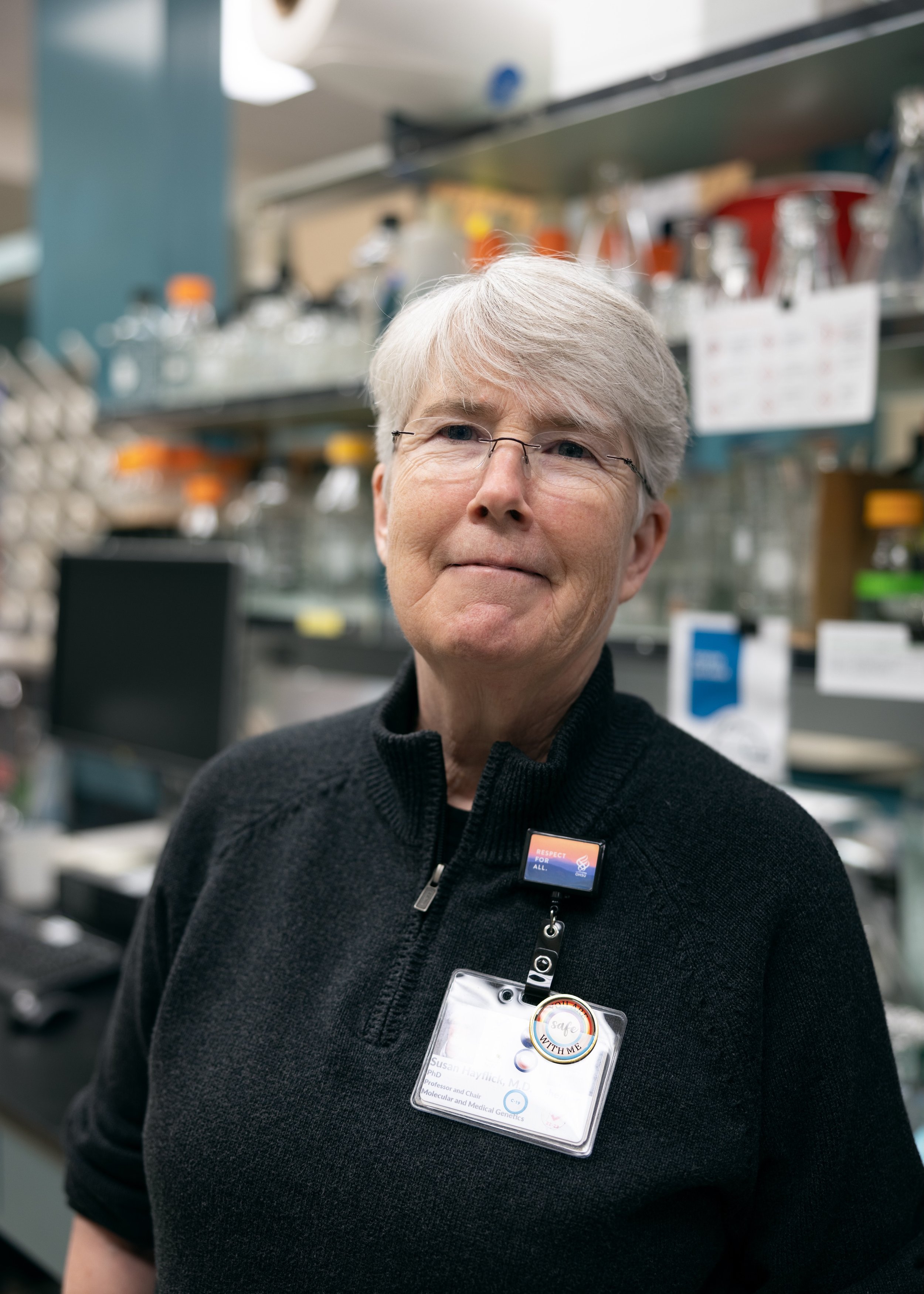 Portrait of Dr. Susan Hayflick in her lab at OHSU hospital in Portland, Oregon. Image shot for Willamette Week publication.