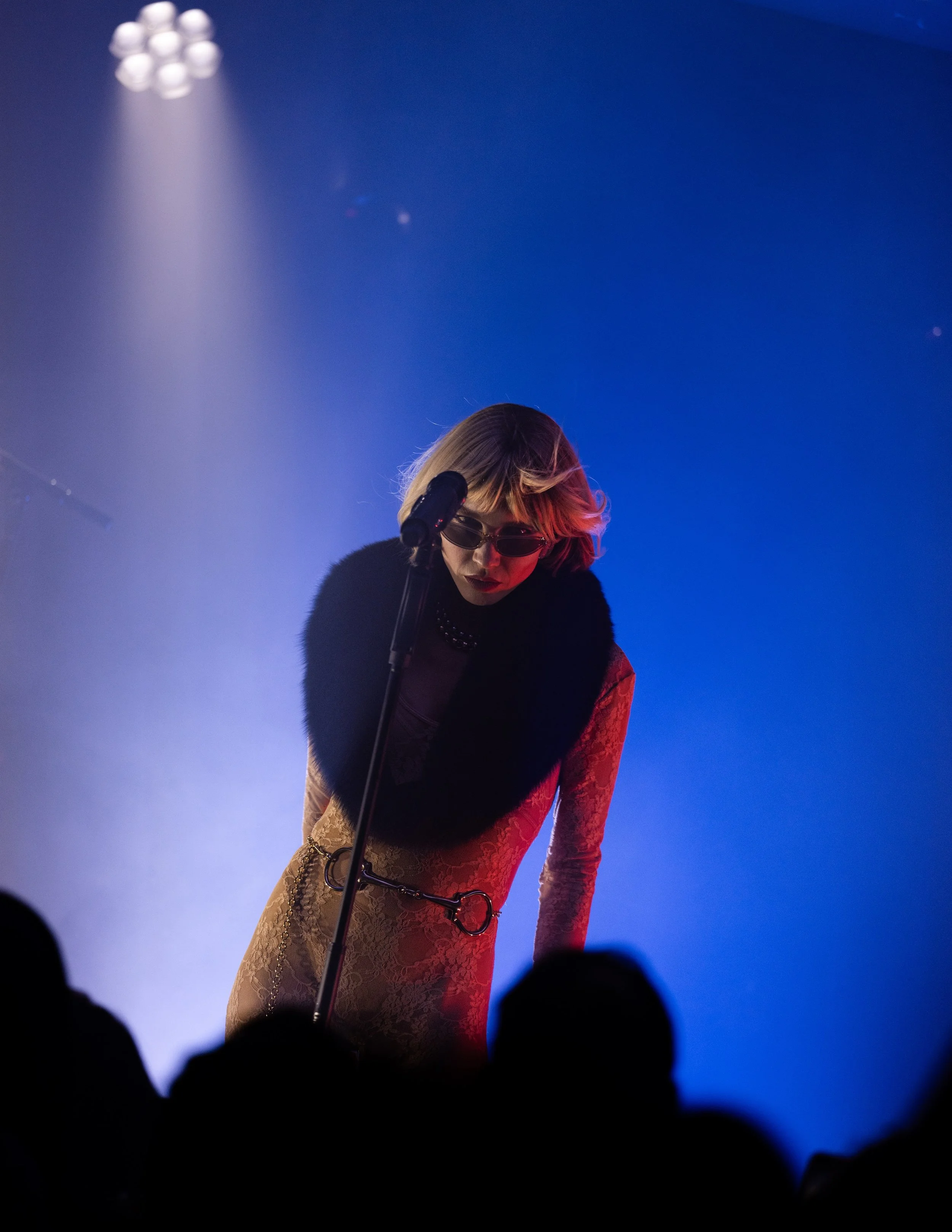 Live Music photography of Goldie Boutilier posing ferociously on stage at The Get Down music venue in Portland, OR. 