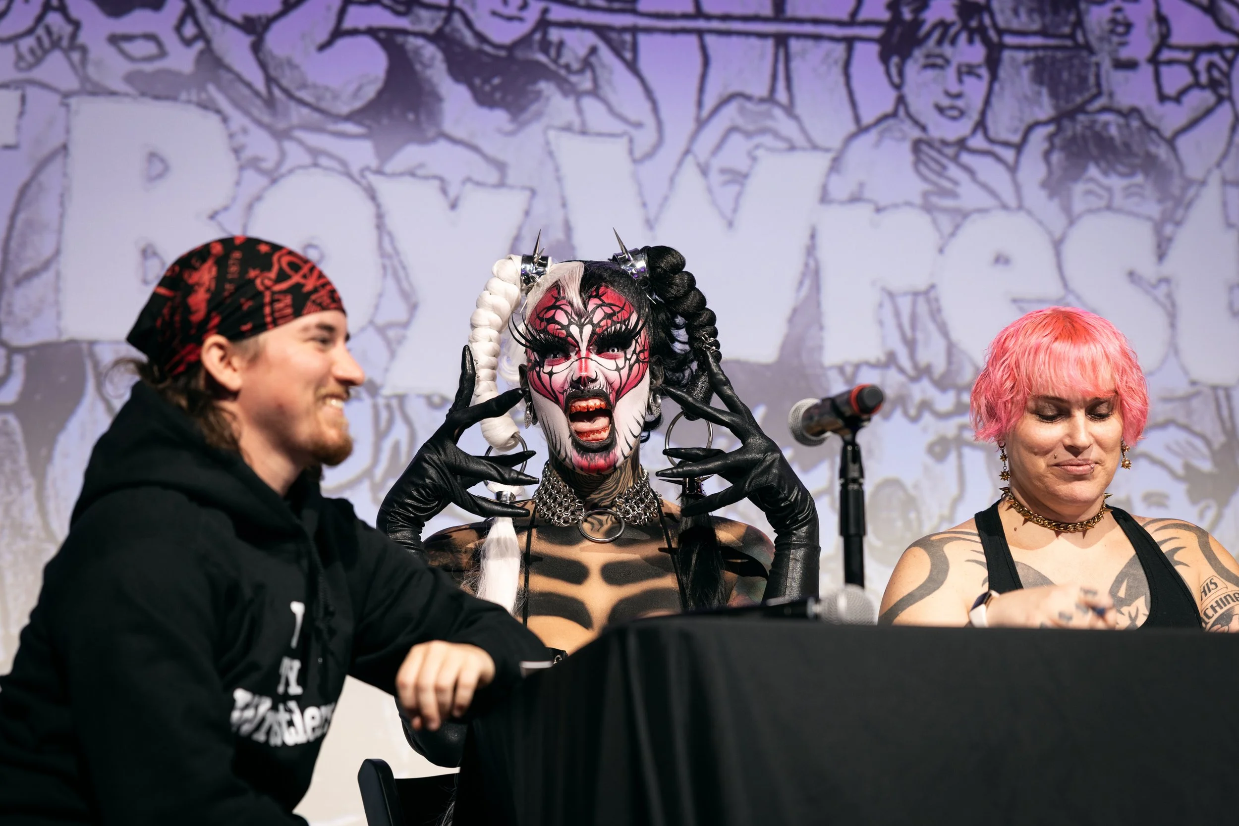 A judge with dramatic insidious makeup posing for the camera at TBOY Wrestling in Portland, OR.