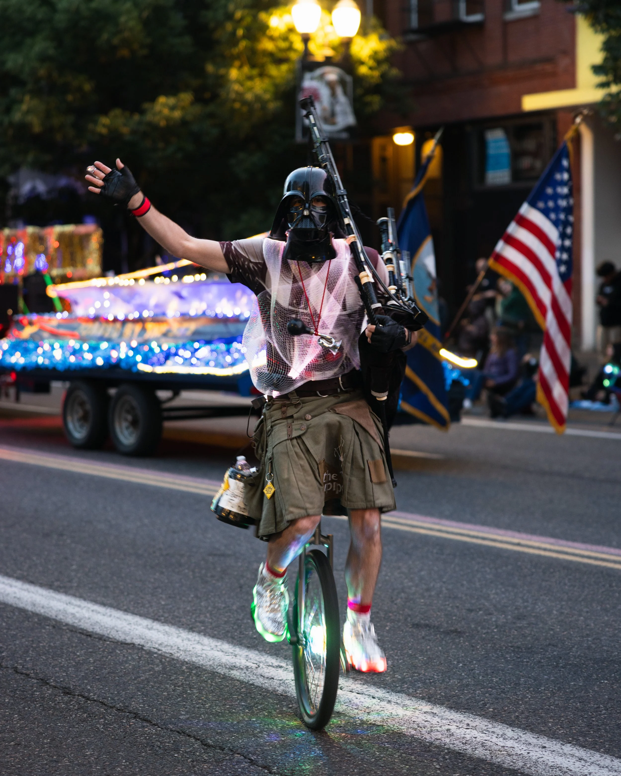 The Unipiper riding around in the Starlight Parade in Portland, OR.