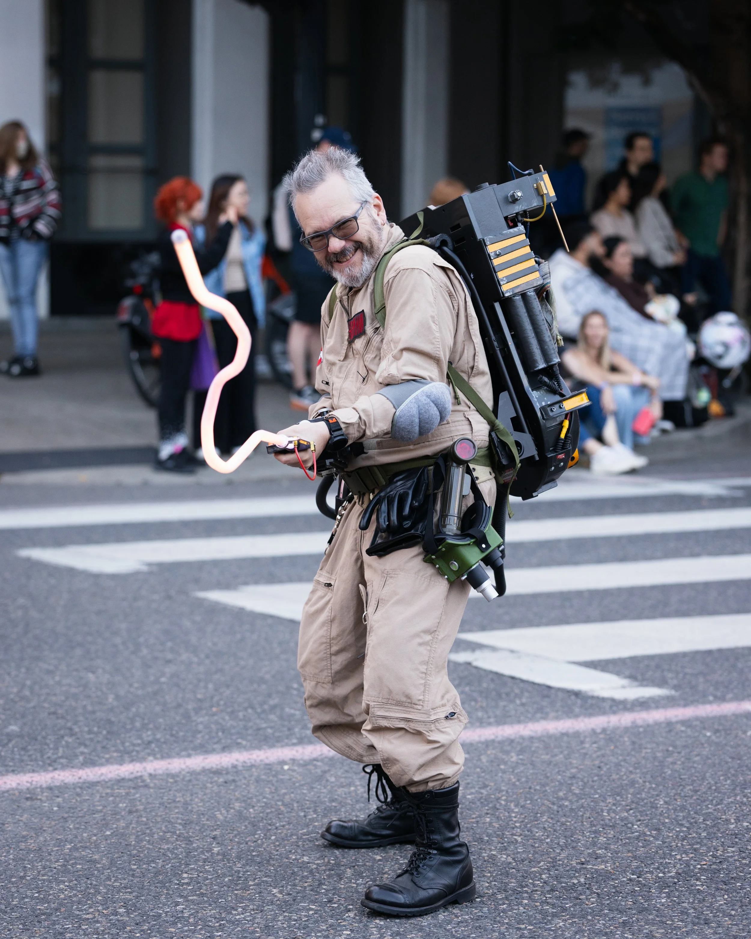 A Ghostbuster's cosplayer marching in the Starlight Parade in Portland, OR.
