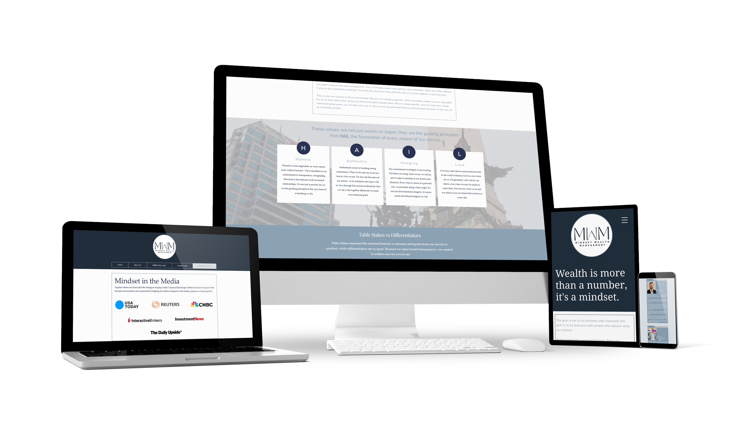 Responsive website design for a financial services and wealth management firm across devices, showcasing professional branding, modern typography, and values‑driven messaging about integrity and confidence.
