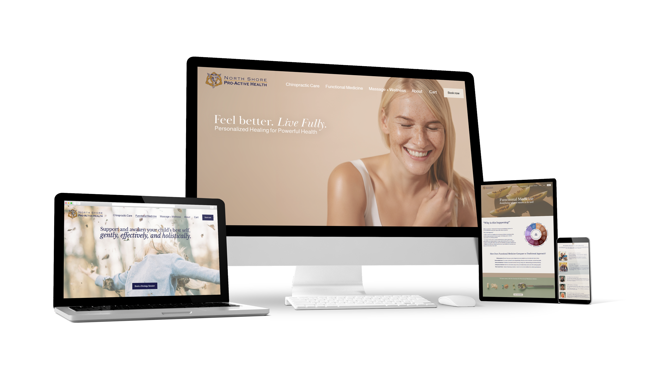 Responsive website design for a functional medicine and chiropractic practice displayed on multiple devices, featuring warm tones, wellness messaging, and modern layout for holistic health services.