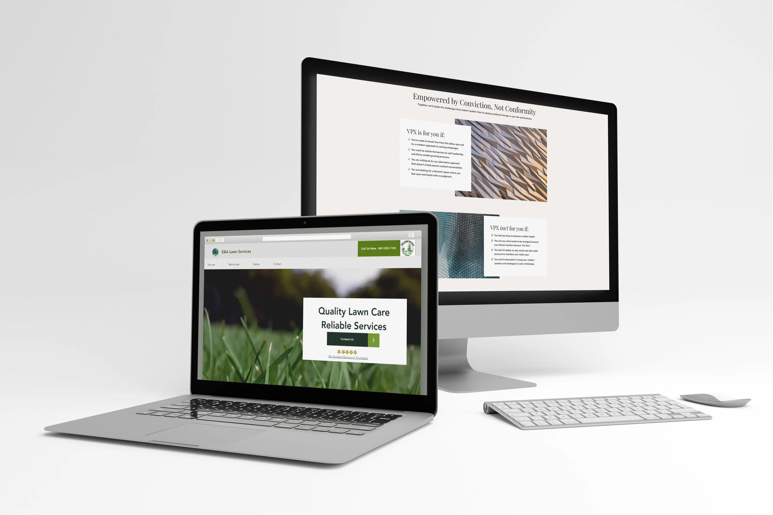 Responsive website design for a lawn care and landscaping service displayed on laptop and desktop screens, featuring clean typography, natural imagery, and professional layout for local home‑service businesses.