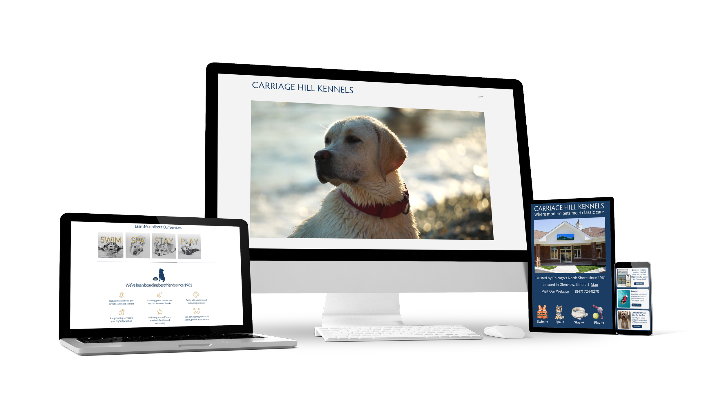 Responsive website design for a pet care and grooming business shown across devices, highlighting clean layouts, dog imagery, and North Shore branding that blends modern care with classic trust.