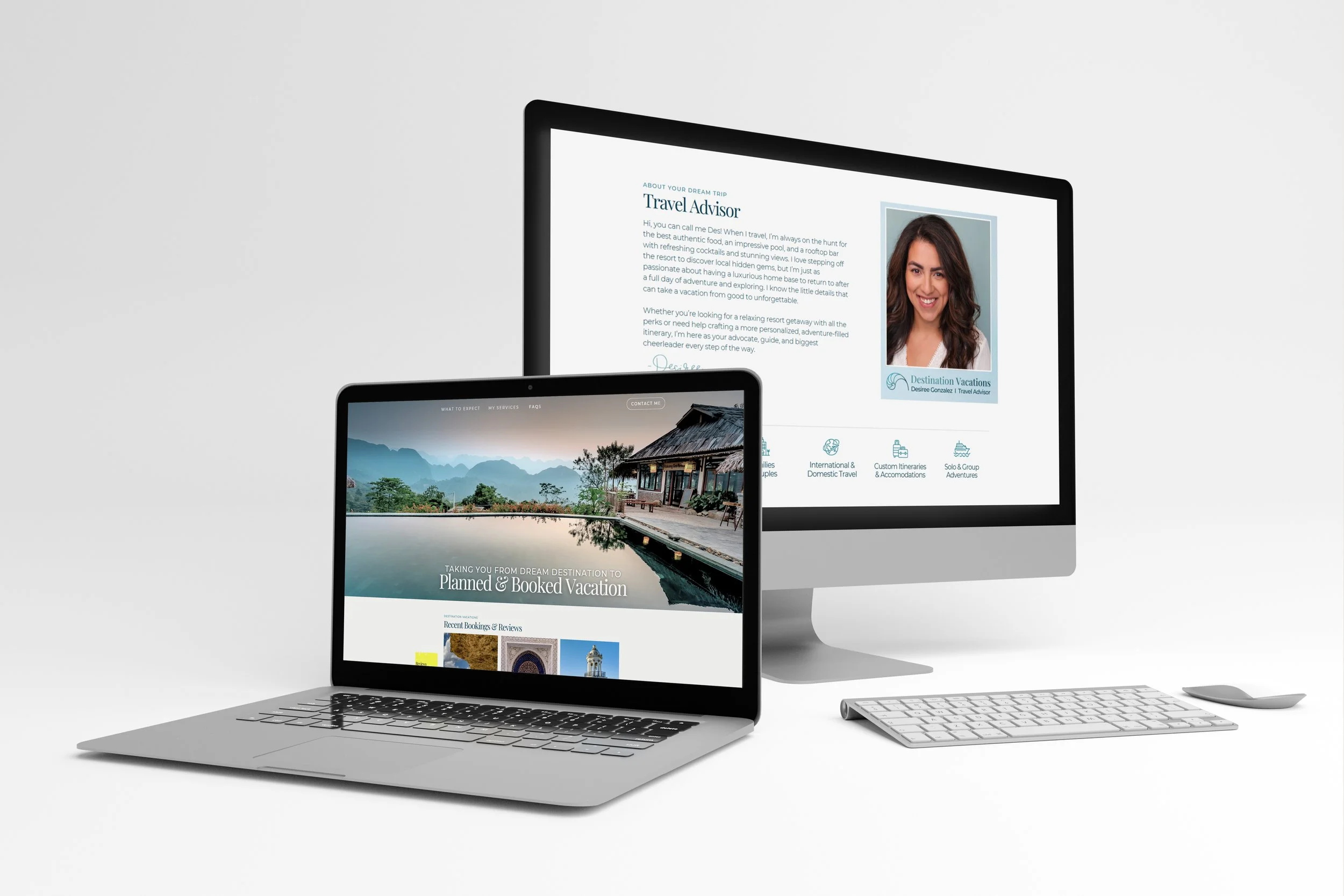 Responsive website design for a travel advisor and vacation planning service shown on laptop and desktop screens, highlighting destination photography, itinerary icons, and personalized travel branding.
