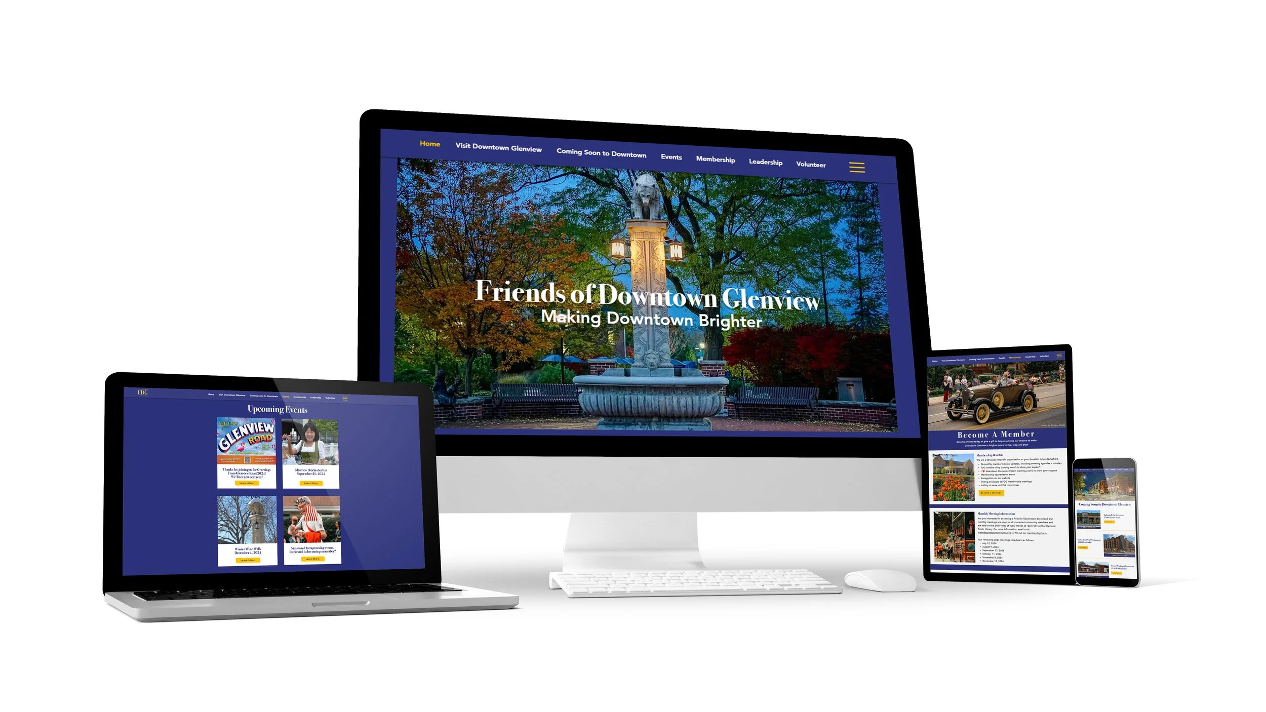 Responsive website design for a local festival and community event displayed on desktop, laptop, tablet, and phone, featuring vibrant photography, volunteer calls, and neighborhood celebration energy.
