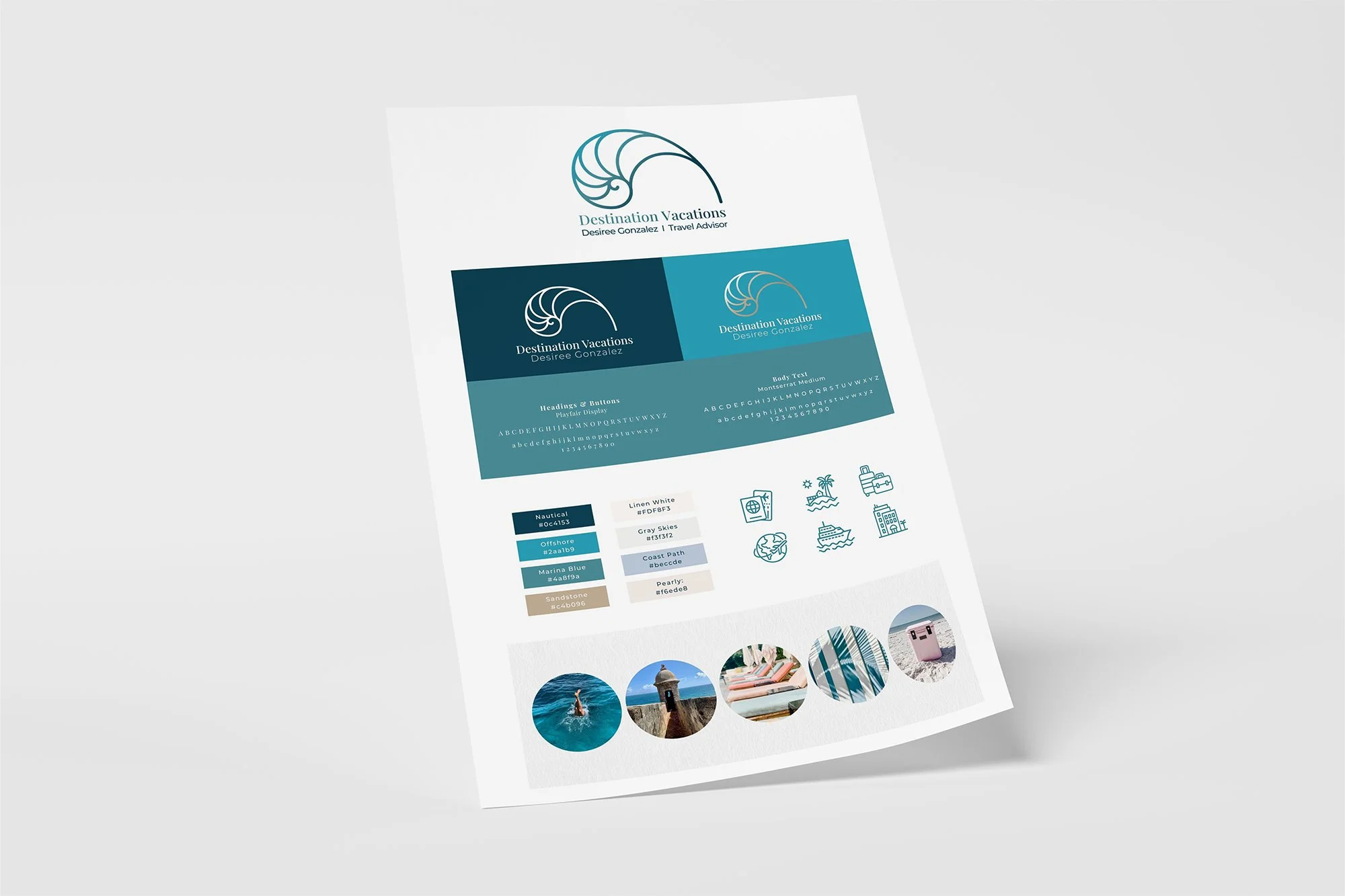 Field Day Designs brand identity for a travel advisor featuring featuring a logo with a stylized seashell, color palette swatches, and images of beaches and travel scenes.