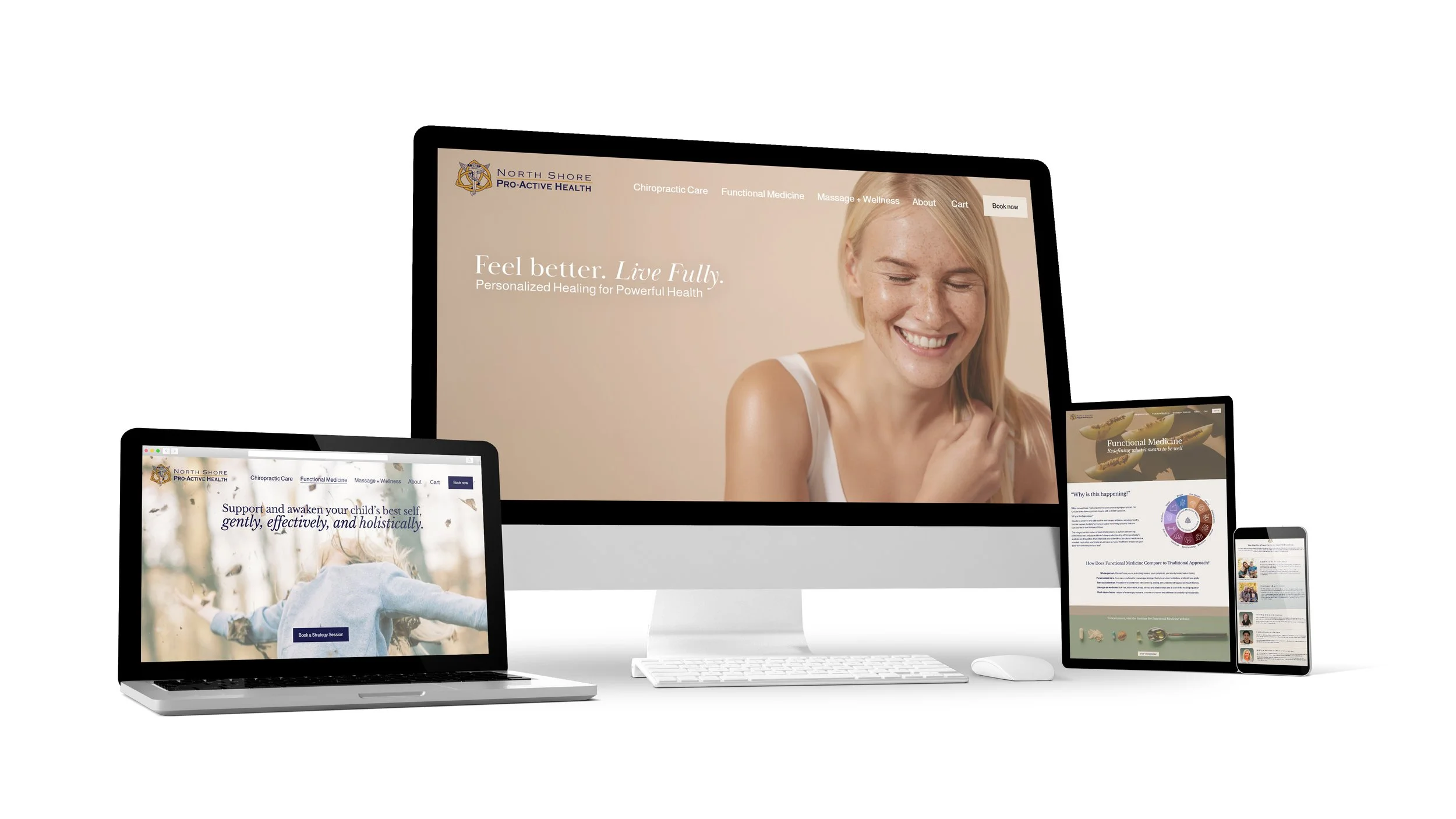 Multiple electronic devices displaying a health and wellness website, including a desktop monitor showing a smiling woman, and tablets and a laptop showing related health content.