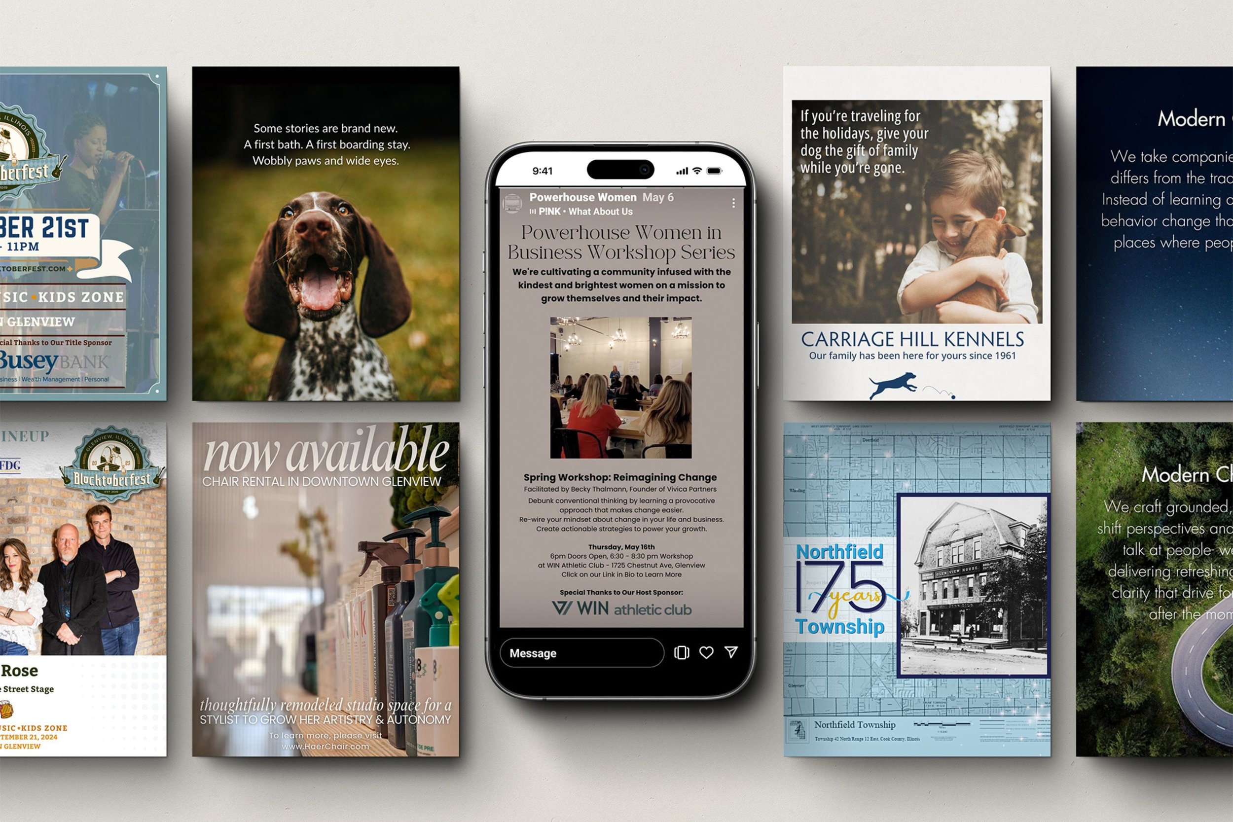 Collection of custom Instagram and Facebook post designs featuring pet care marketing, local business promotions, event graphics, and branded social media content creation.