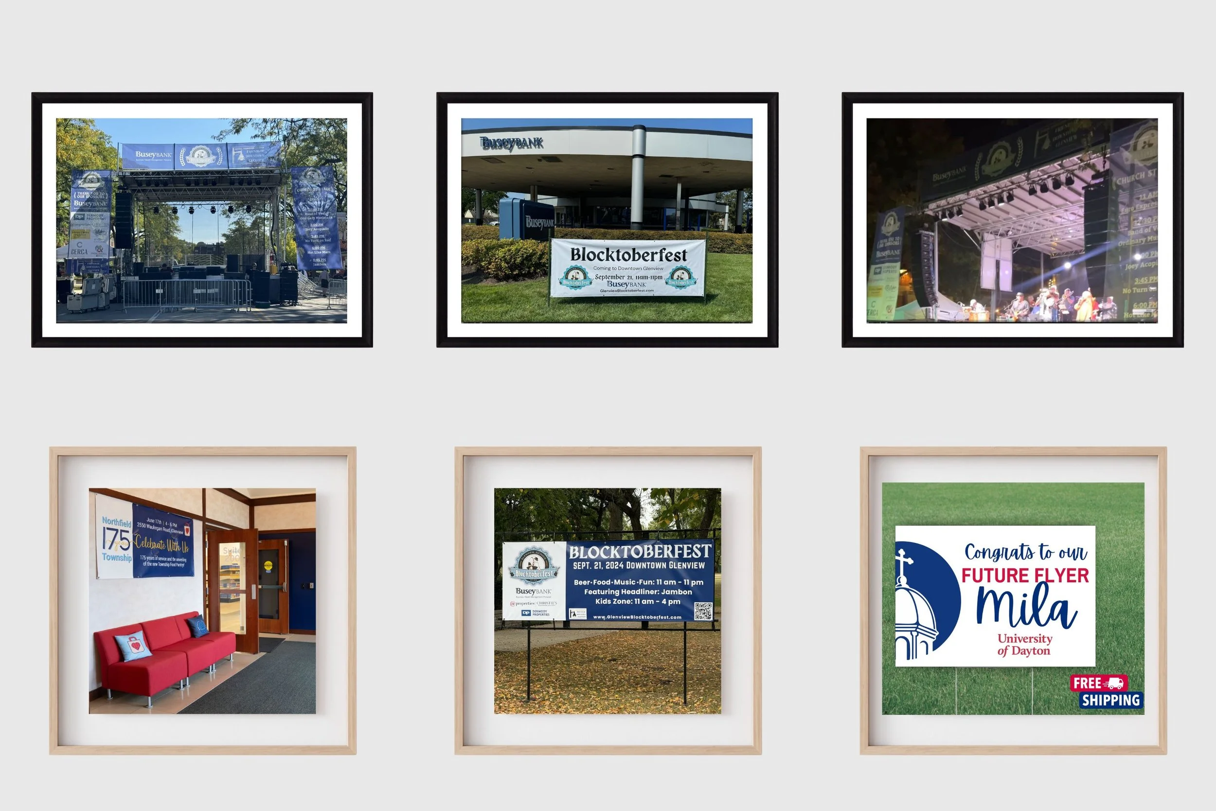 Field Day Designs large‑scale outdoor signage for Glenview’s festivals and events, featuring stage banners, sponsor displays, and event wayfinding created for both daytime and nighttime visibility
