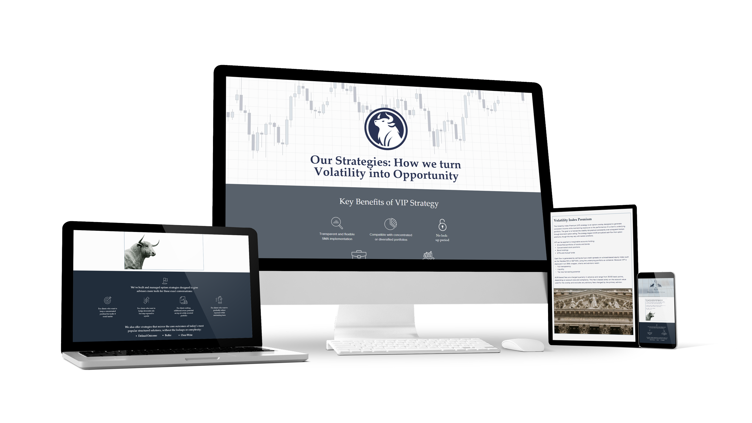 Responsive website design for a financial services and wealth management firm across devices, showcasing professional branding, modern typography, and values‑driven messaging about integrity and confidence.