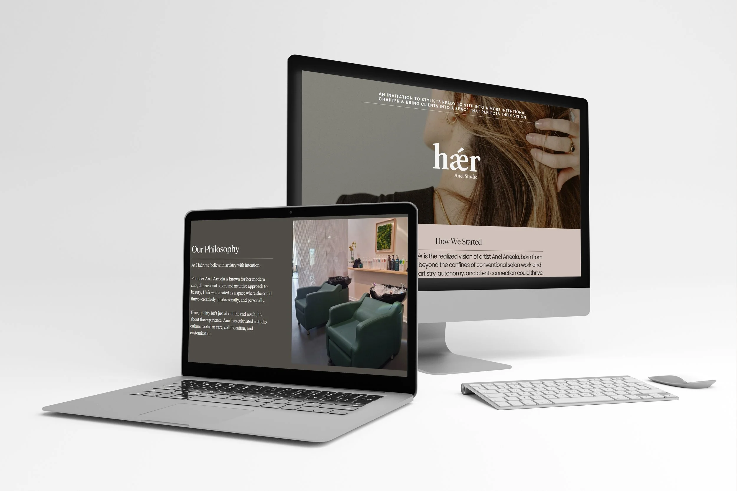 Responsive website design for a modern salon studio displayed on laptop and desktop screens, featuring warm tones, elegant typography, and intentional branding that reflects artistry and client connection.