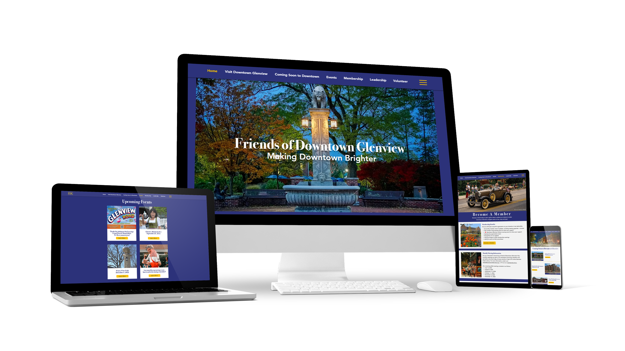 Responsive website design for a local community organization displayed on multiple devices, featuring event listings, membership details, and photography that highlights Glenview’s civic pride and connection.