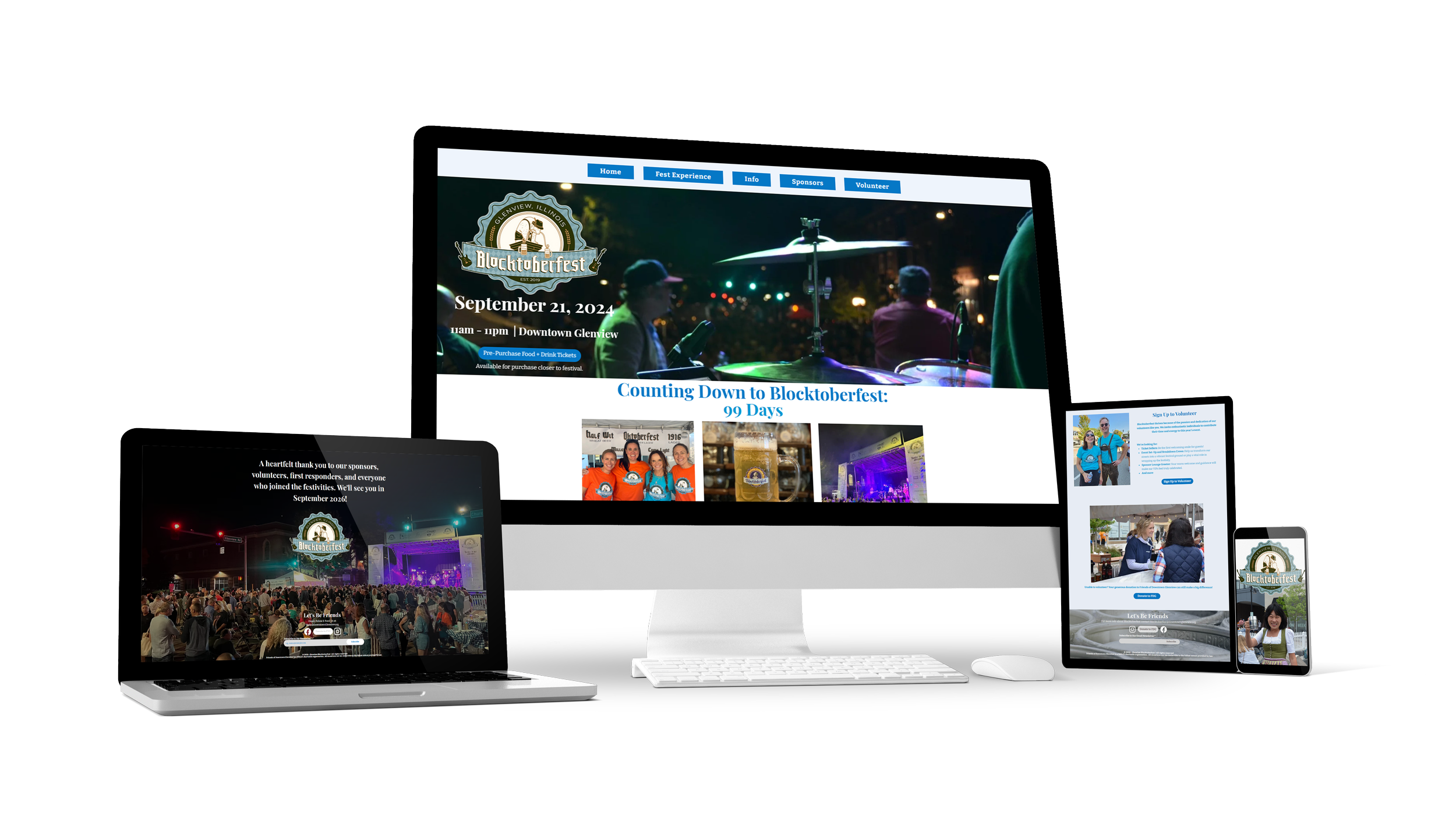 Responsive website design for a local festival and community event displayed on desktop, laptop, tablet, and phone, featuring vibrant photography, volunteer calls, and neighborhood celebration energy.