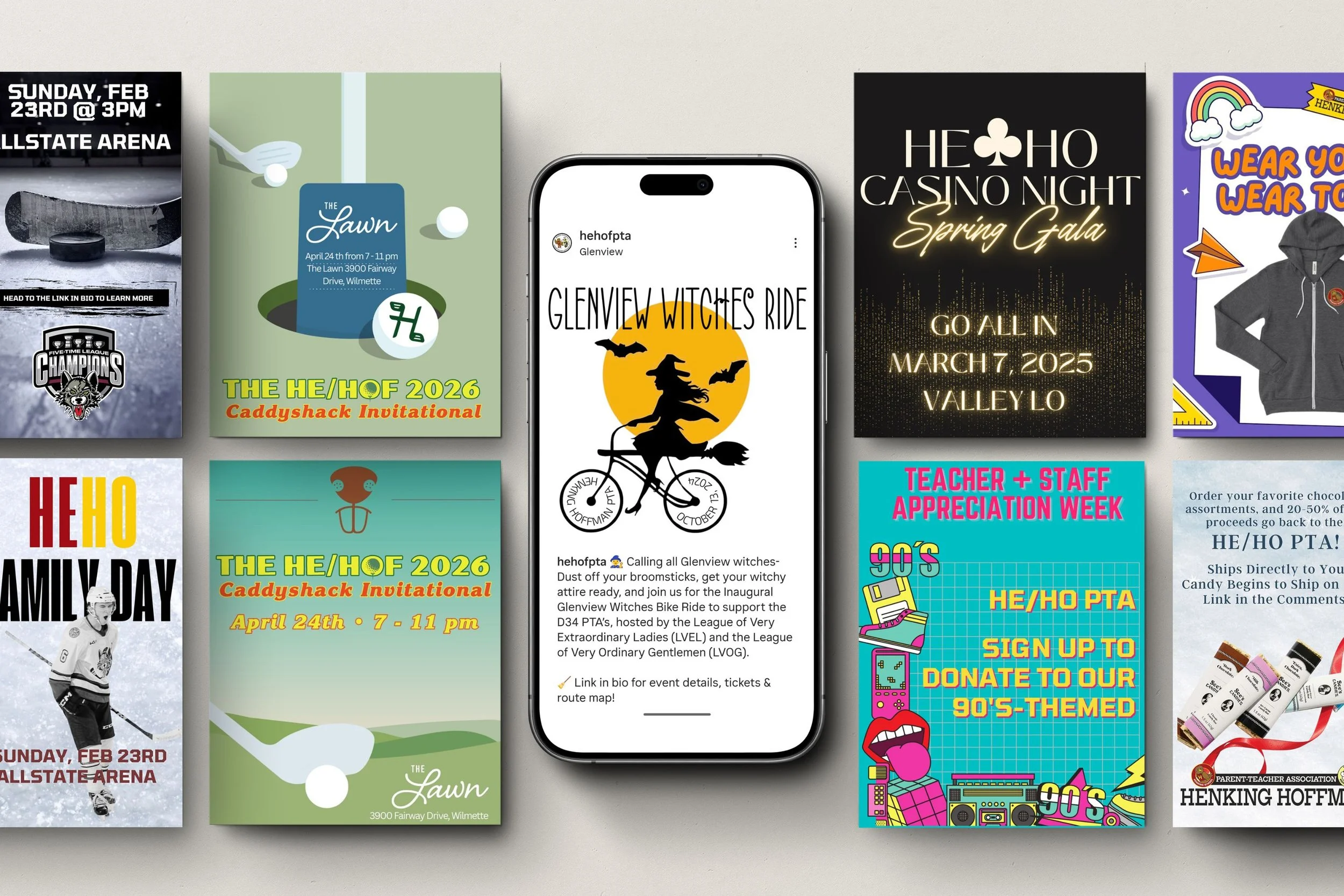 Collection of event flyers and social media posts featuring community events, themed festivals, and school activities, displayed on a wall with a smartphone in the center.