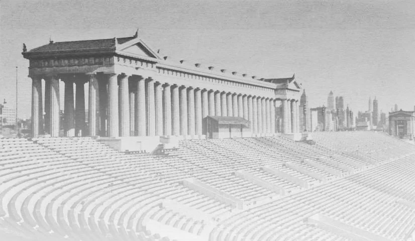 Historic Soldier Field stadium in Chicago with neoclassical columns and curved seating, symbolizing hometown pride and Field Day’s roots in athletic heritage and intentional design.