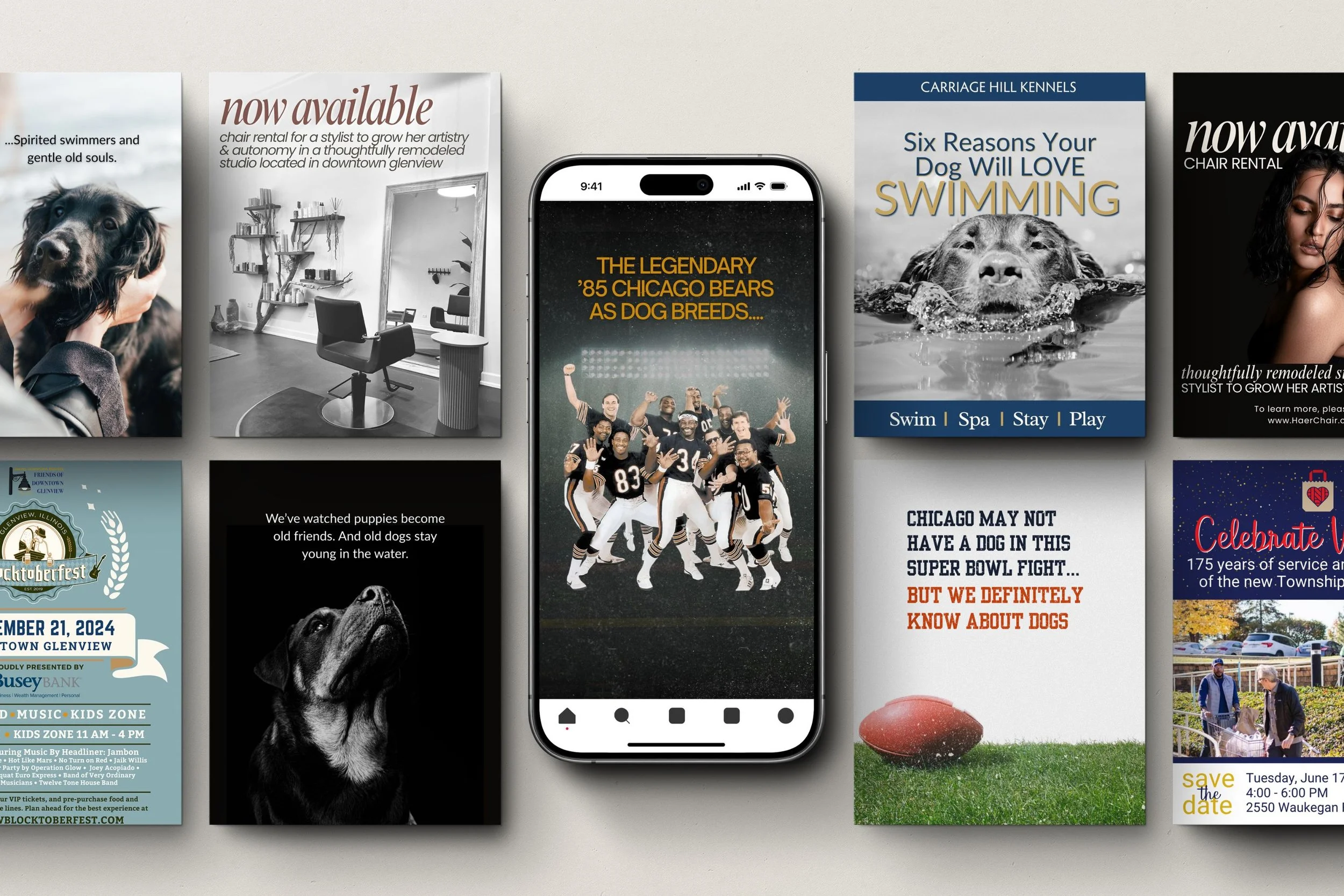 Collage of professionally designed posters and social media graphics surrounding a smartphone, showcasing Field Day’s clean, intentional design style for local businesses and pet brands.