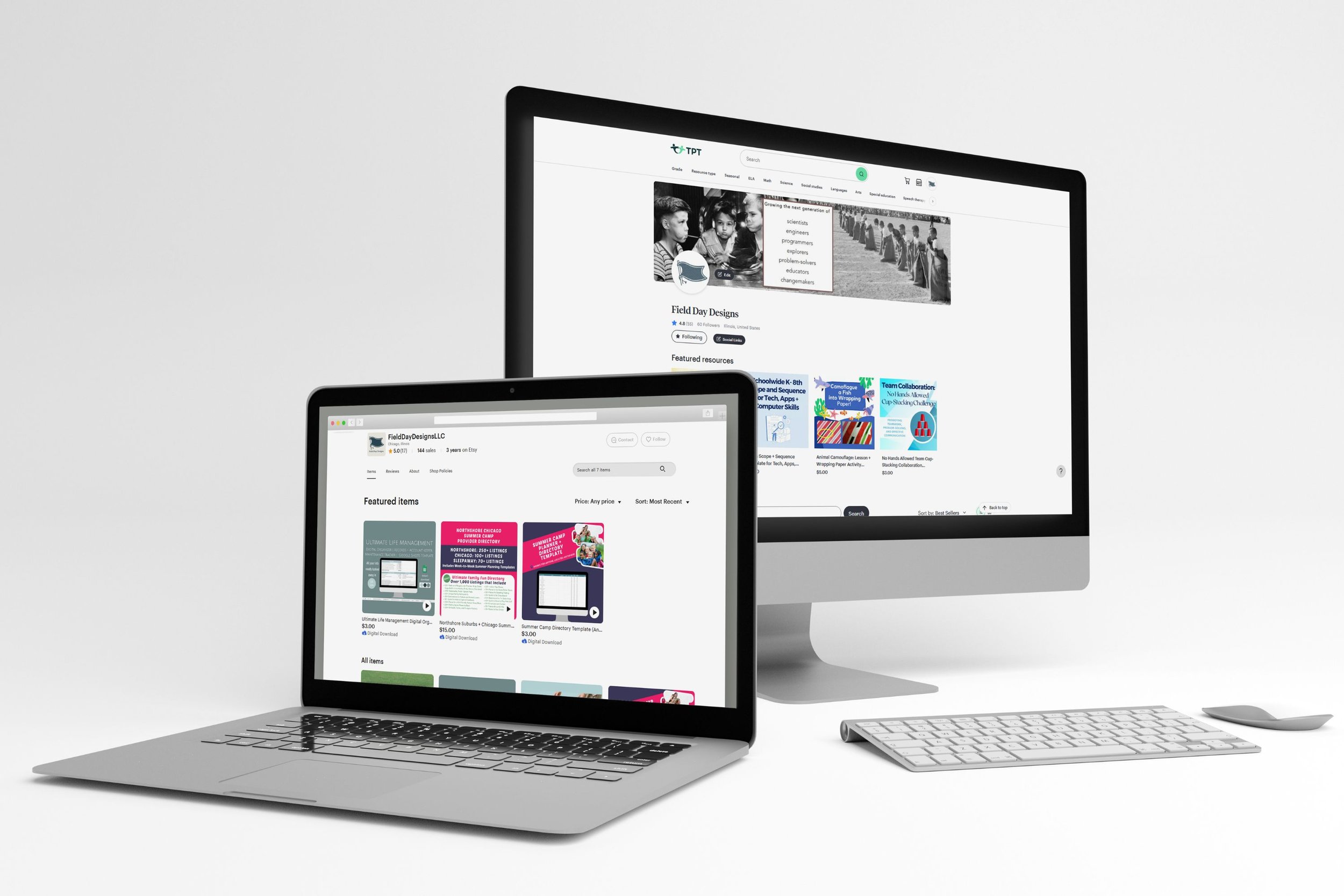 Laptop and desktop screens displaying an online educational marketplace storefront with colorful teaching templates and digital planners, showcasing modern design for learning resource creators.