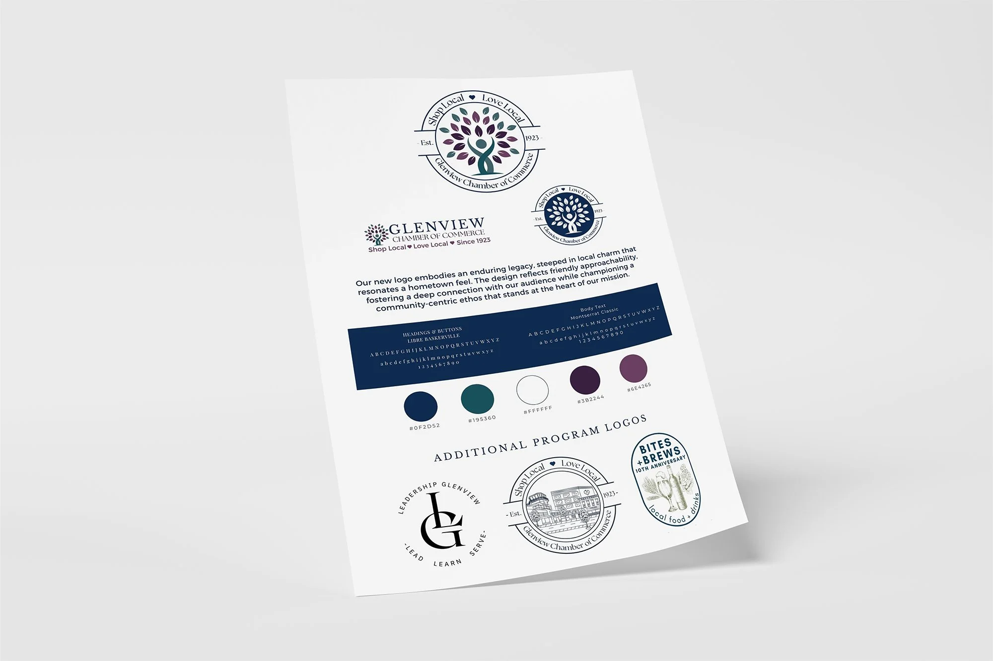 Field Day Designs brand identity for a local chamber of commerce featuring a tree‑and‑leaf emblem, heritage typography, and a palette inspired by Glenview’s community roots.