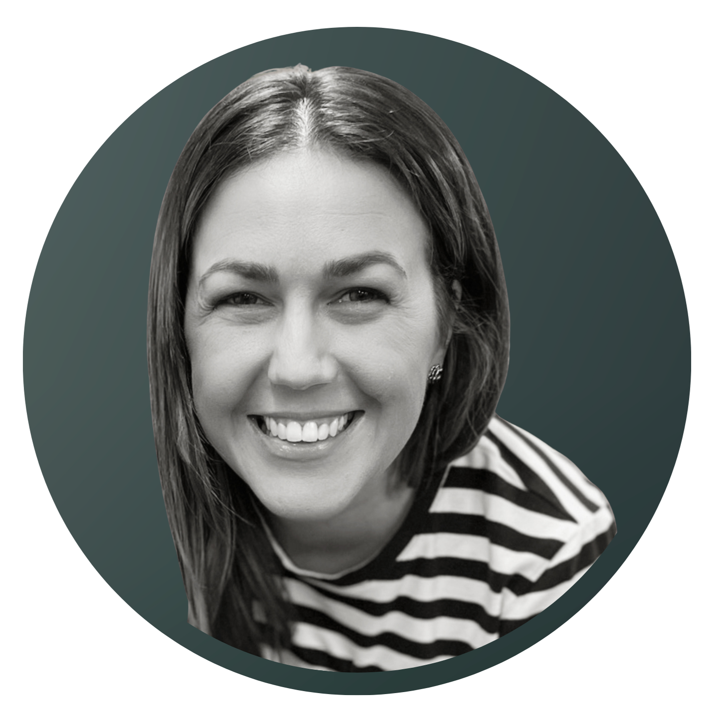 Black‑and‑white portrait against a dark teal circular background, reflecting Field Day’s friendly, confident, and approachable design style.