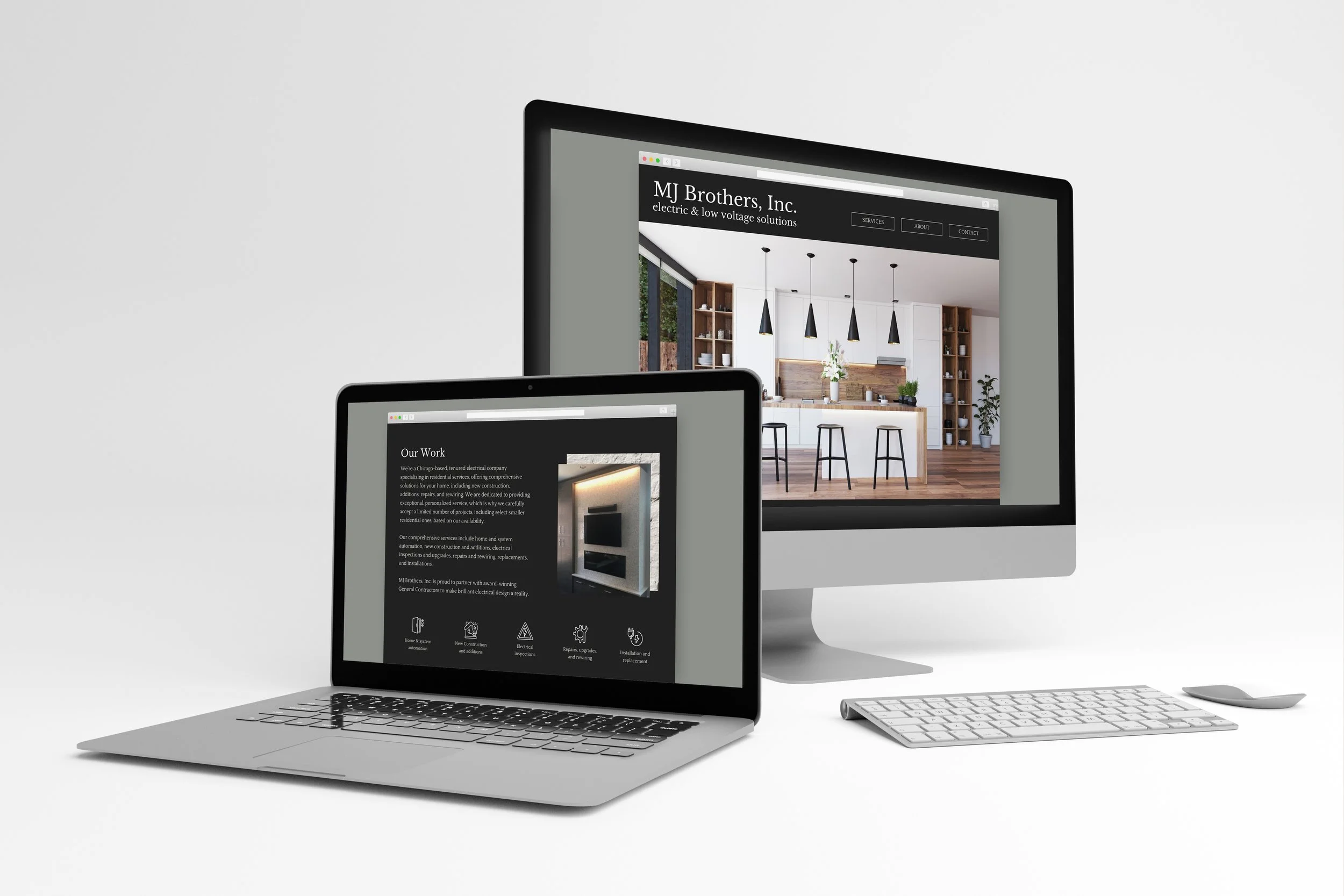 Responsive website design for an electrical and low‑voltage solutions company shown on laptop and desktop screens, featuring modern interior imagery, dark color palette, and clean professional layout.