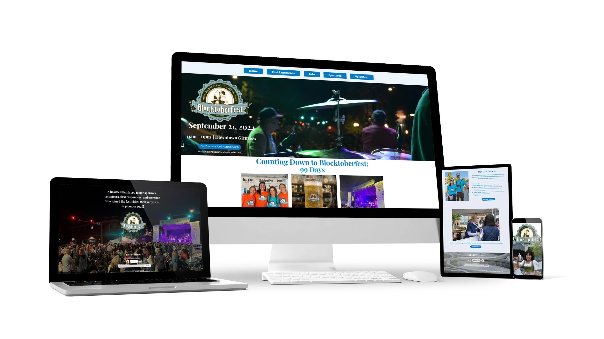 Responsive website design for a Glenview festival and community event displayed on desktop, laptop, tablet, and phone, featuring vibrant photography, volunteer calls, and neighborhood celebration energy.