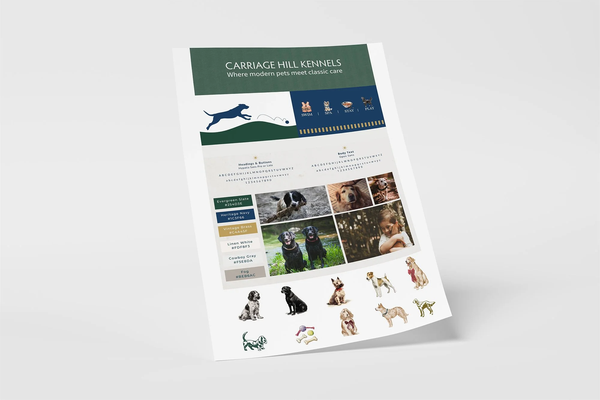 Field Day Designs brand system for a pet care business with heritage‑athletic styling, dog illustrations, and warm tones that reflect trust, playfulness, and crafted care.