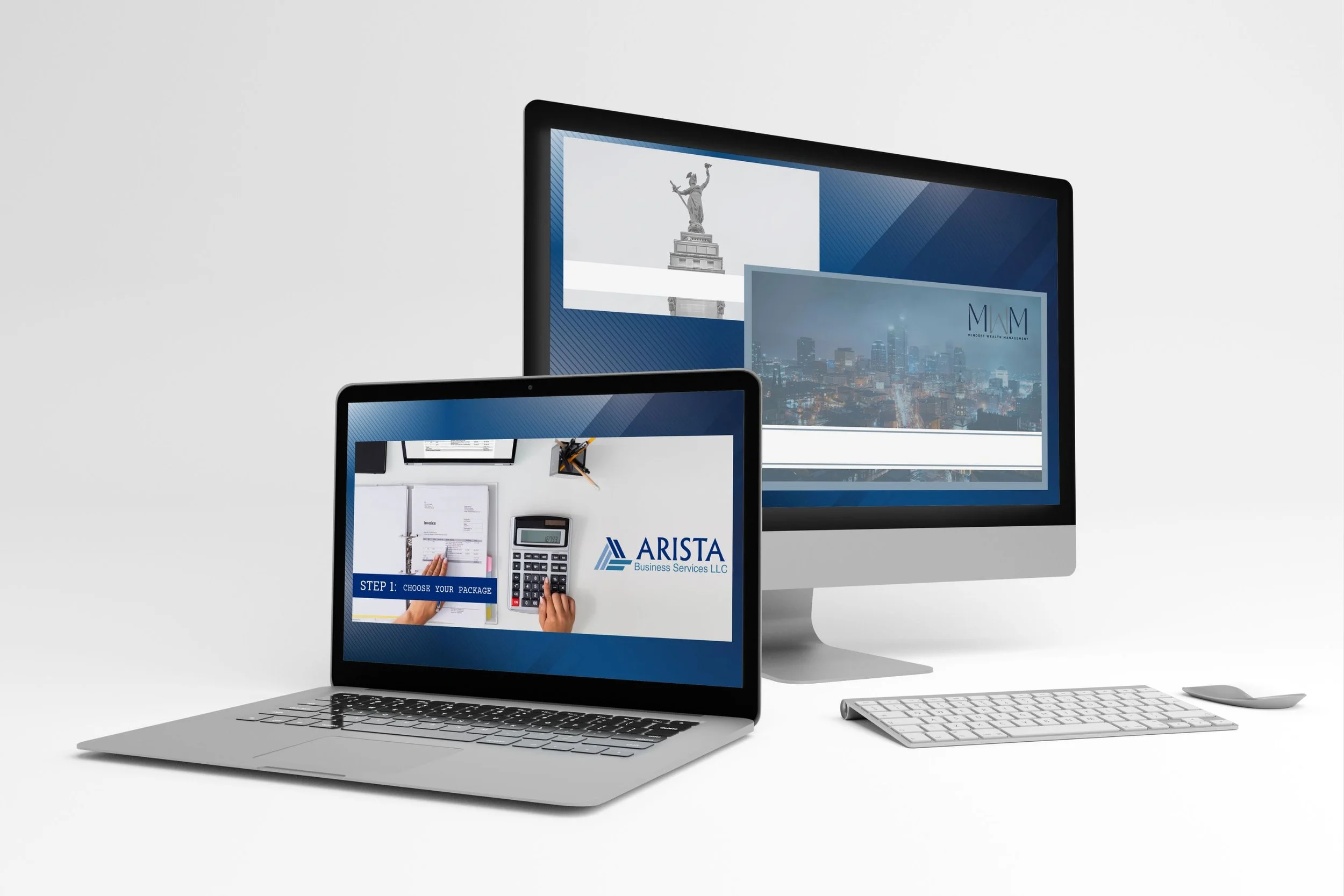 Laptop and desktop screens showing a professional business‑services website with calculator imagery and cityscape branding, highlighting clean corporate design for accounting and consulting industries.
