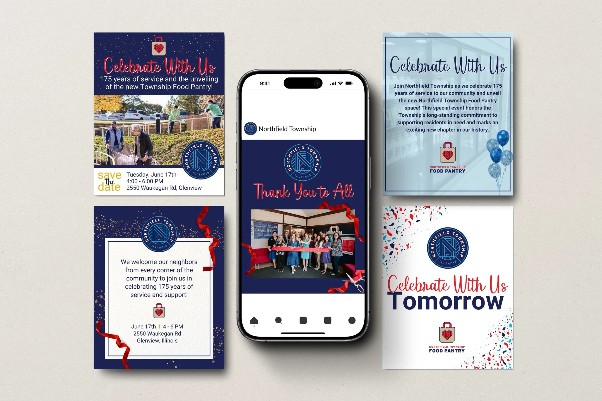 Collection of social media graphics and smartphone post celebrating a township’s milestone event, featuring ribbon‑cutting photos, confetti, and blue‑red branding for local community engagement.