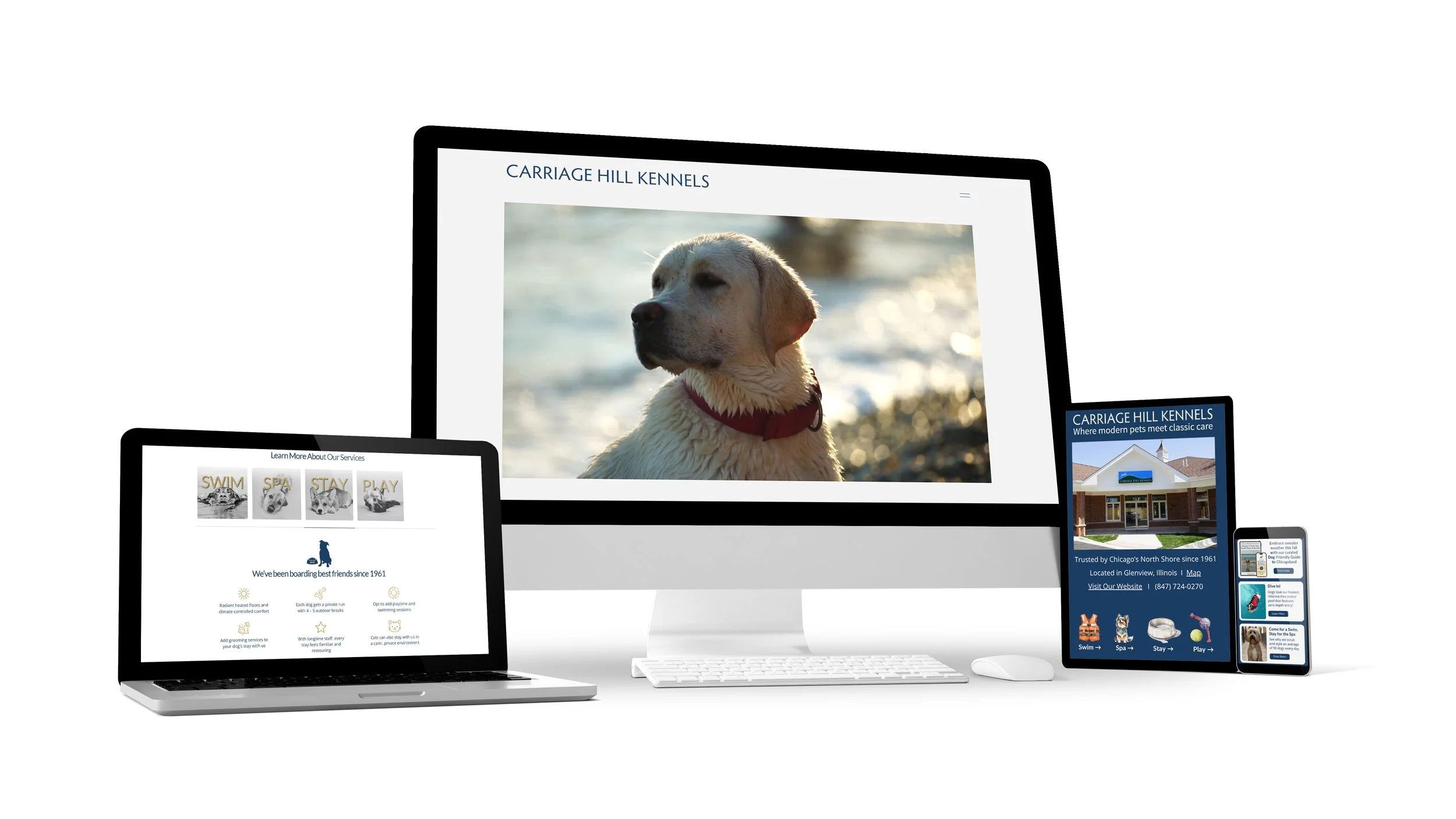 Responsive website design for a pet care and grooming business shown across devices, highlighting clean layouts, dog imagery, and North Shore branding that blends modern care with classic trust.