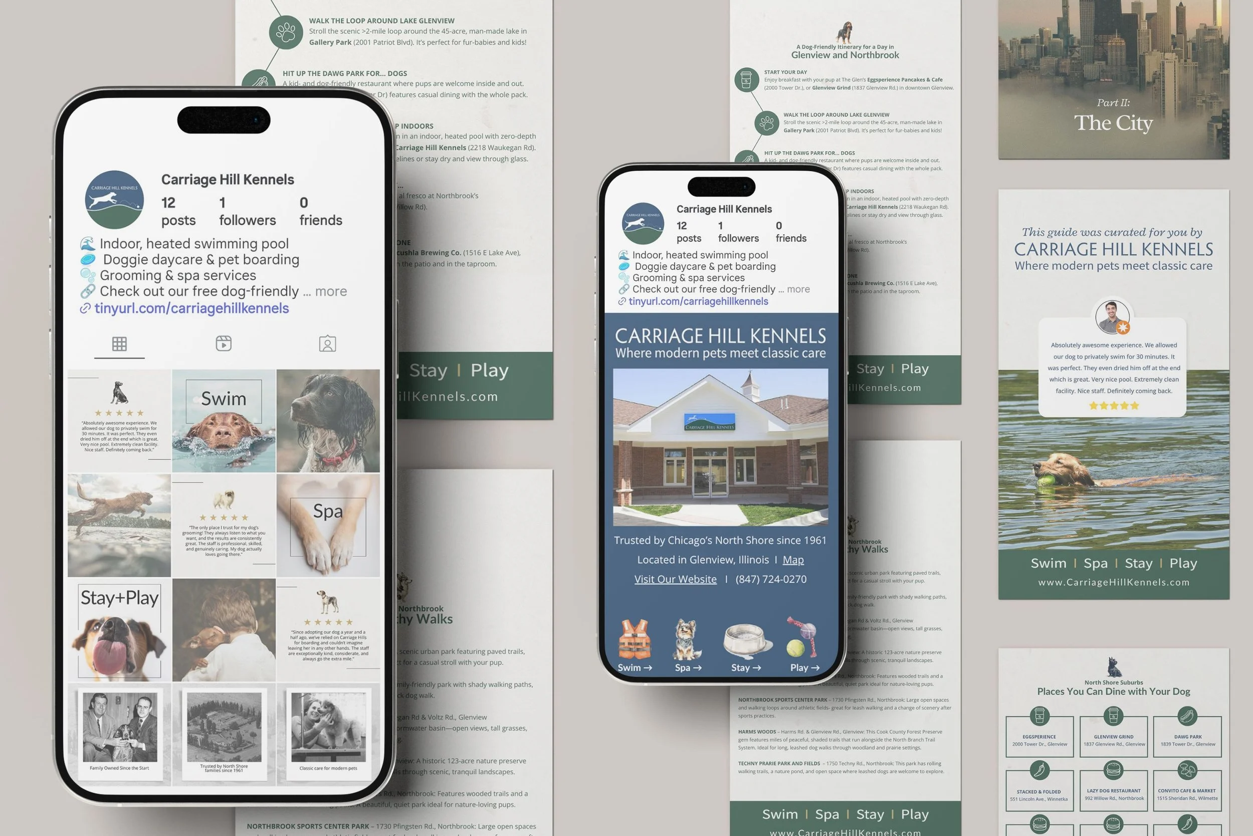 Smartphone mockups and printed materials showcasing social media posts and guides for a pet‑care business, featuring dogs, swimming, spa imagery, and local Glenview references in a cohesive brand layout.