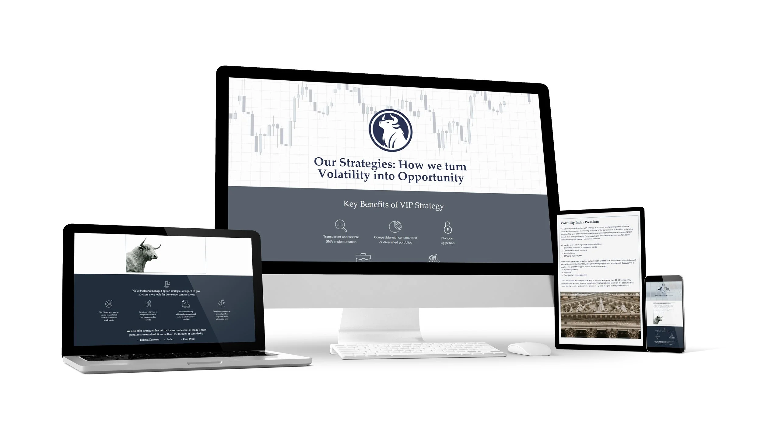 Multiple electronic devices displaying financial and strategic content, including a monitor with the title 'Our Strategies: How we turn Volatility into Opportunity', a laptop with stock market data, a tablet with a bull image, and a smartphone with r