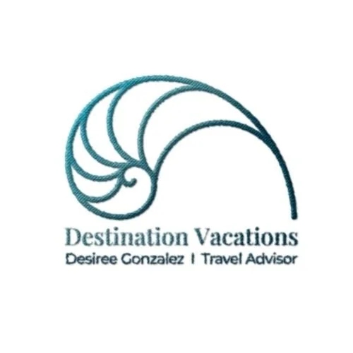 Logo featuring a stylized spiral shell design along with website design for a travel advisor and vacation planning service highlighting destination photography, itinerary icons, and personalized travel branding.