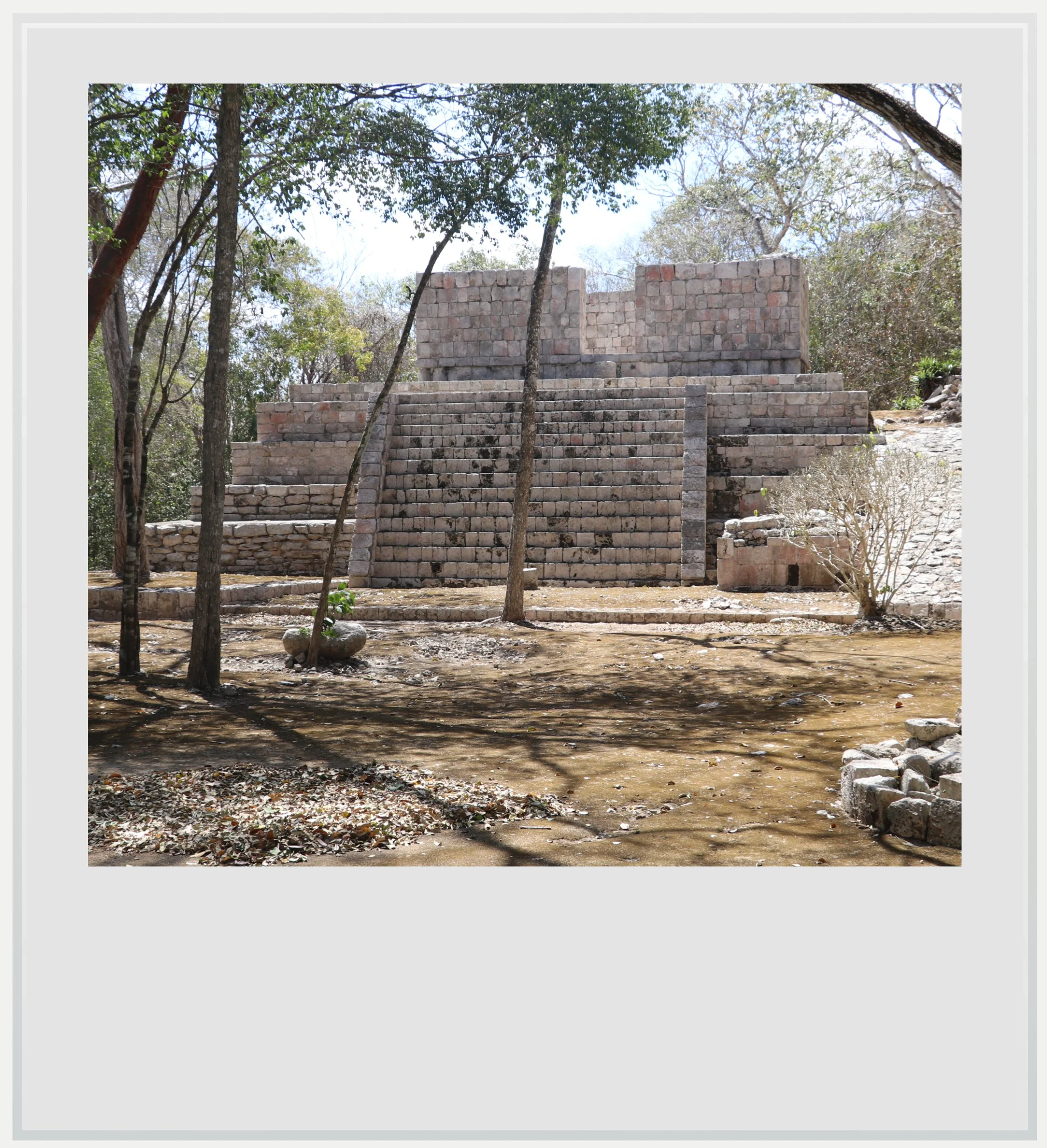 A second restored temple behind the main one in El Tabasqueño, Campeche, Mexico.