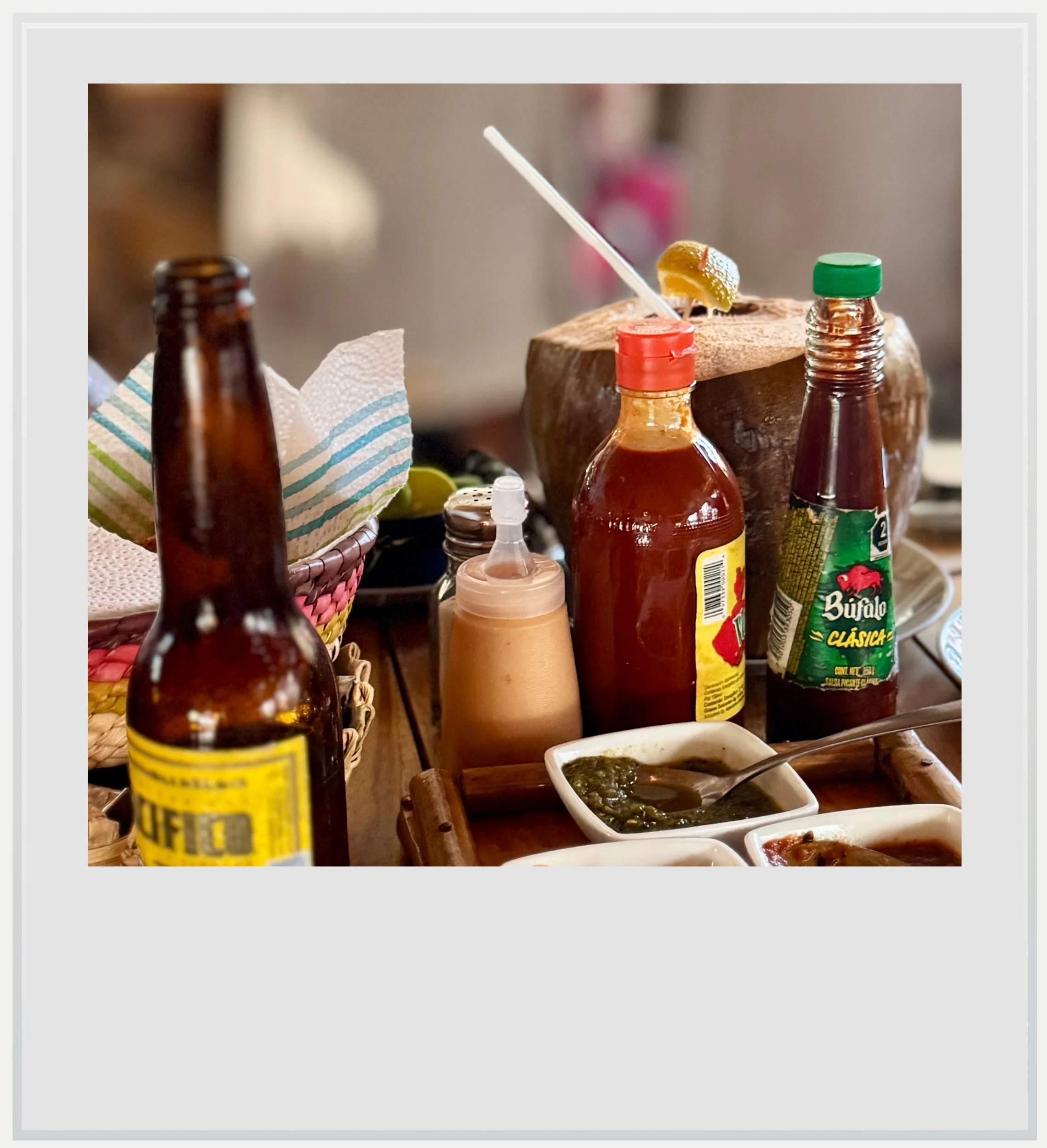 Condiments on our table at El Sirenito restaurant in Acapulco.