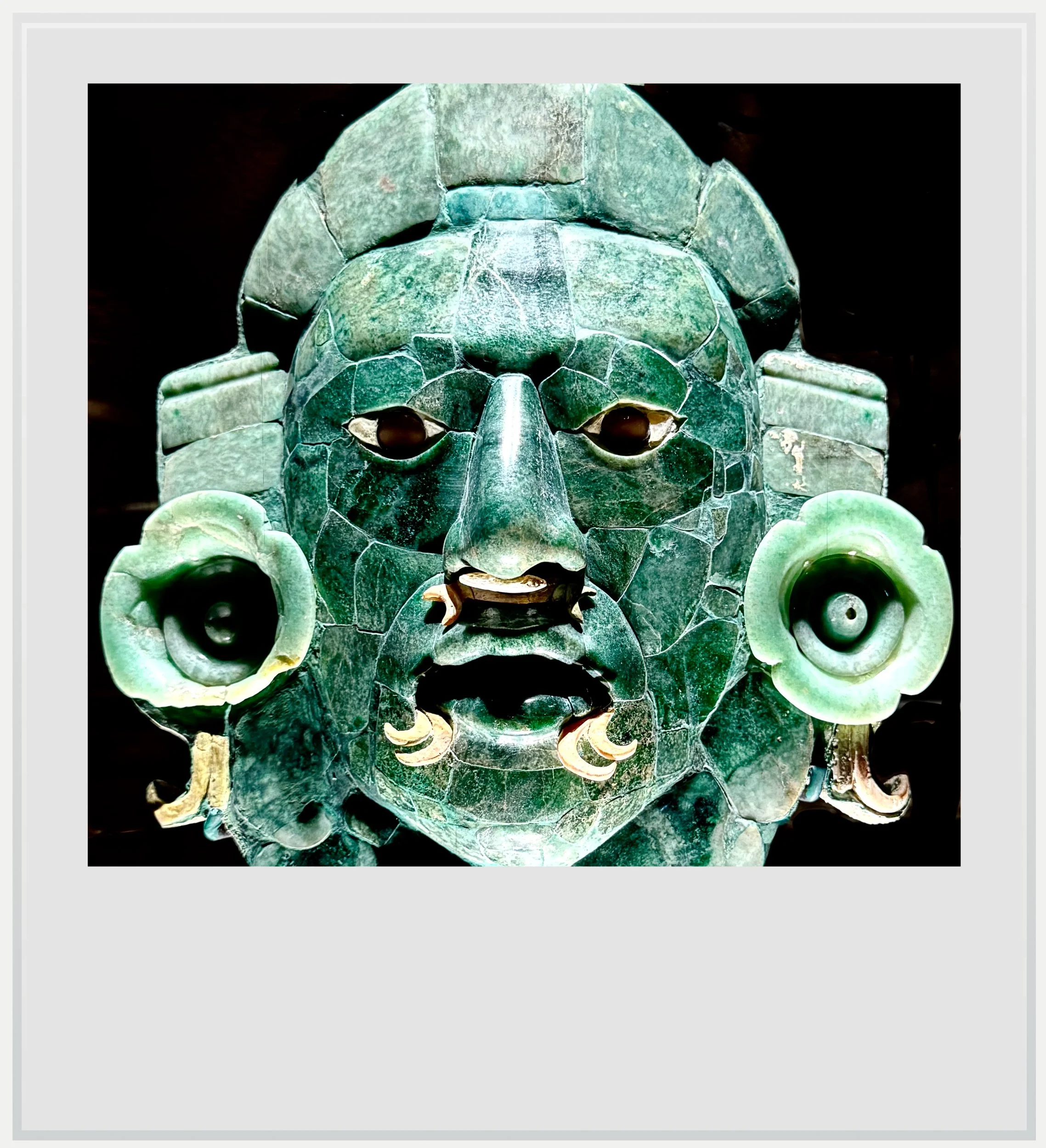 The Calakmul jade mask on display in the Maya museum.