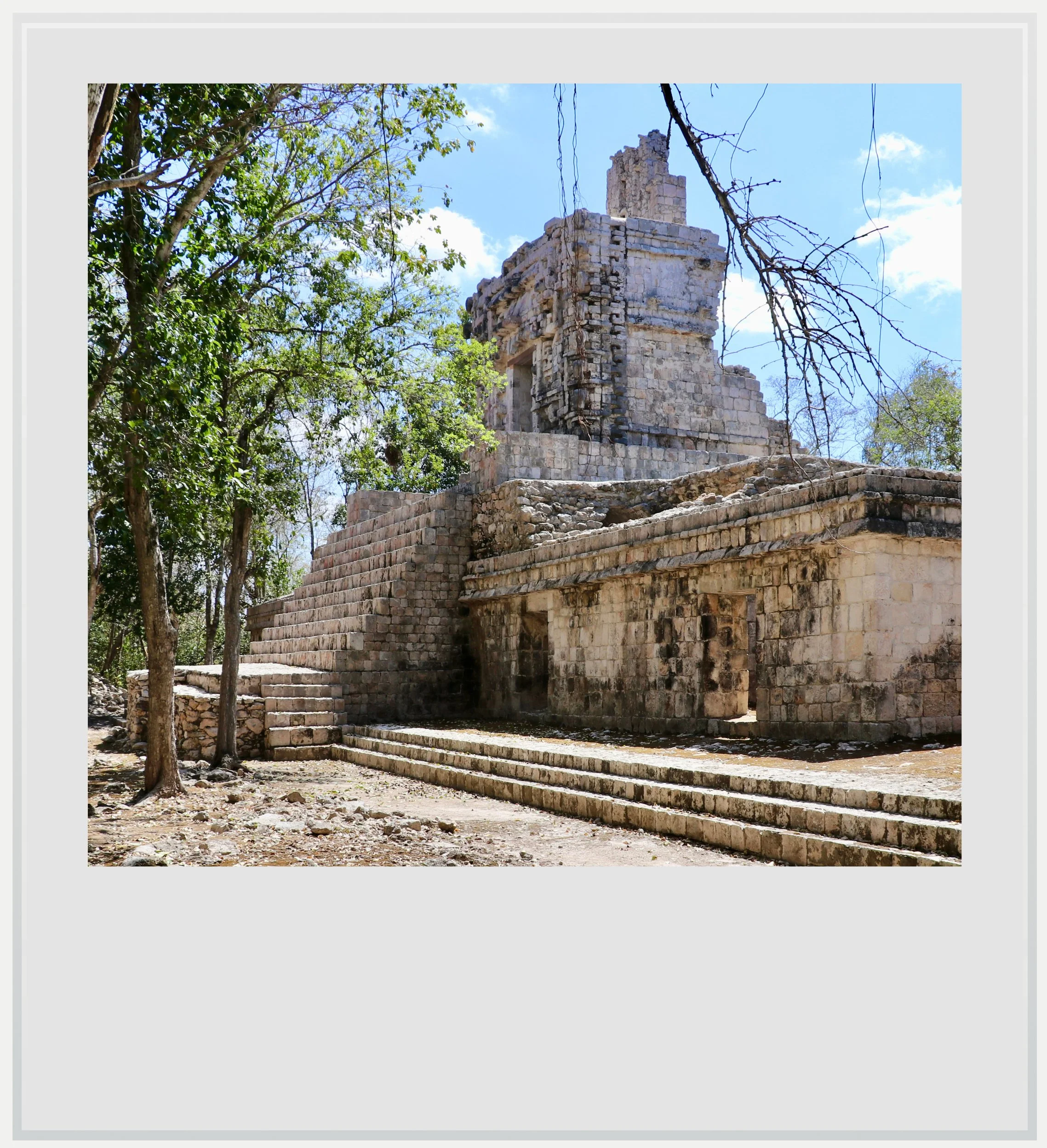 A side view of the main Maya temple in El Tabasqueño, Campeche, Mexico.