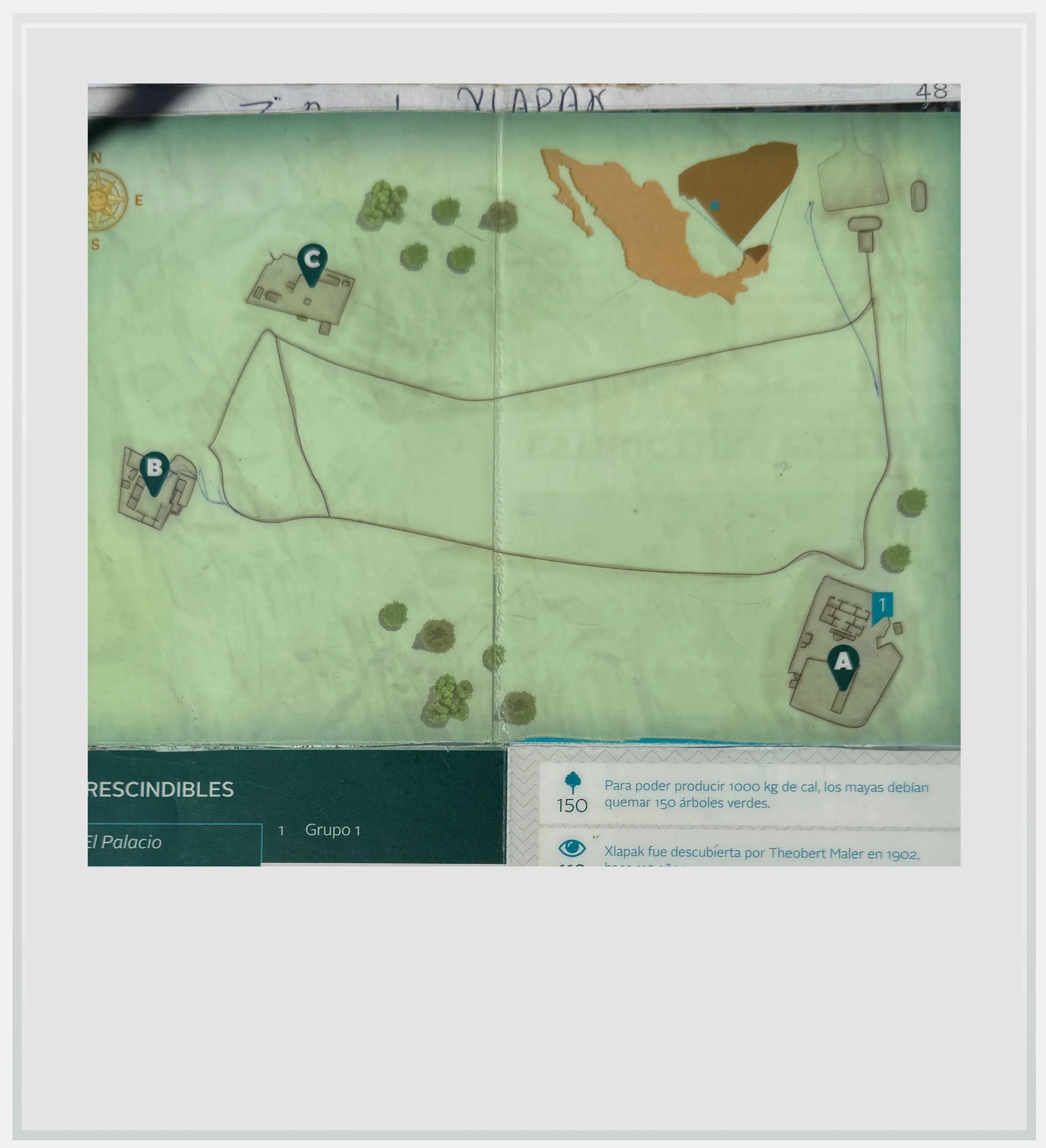 A rough map of the site available at the site's entrance.