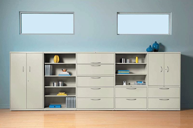 Office storage cabinets and shelves with decorative items and books