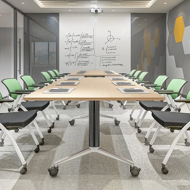 Modern conference room with long table, chairs on wheels, notebooks, projector, and whiteboard with equations.