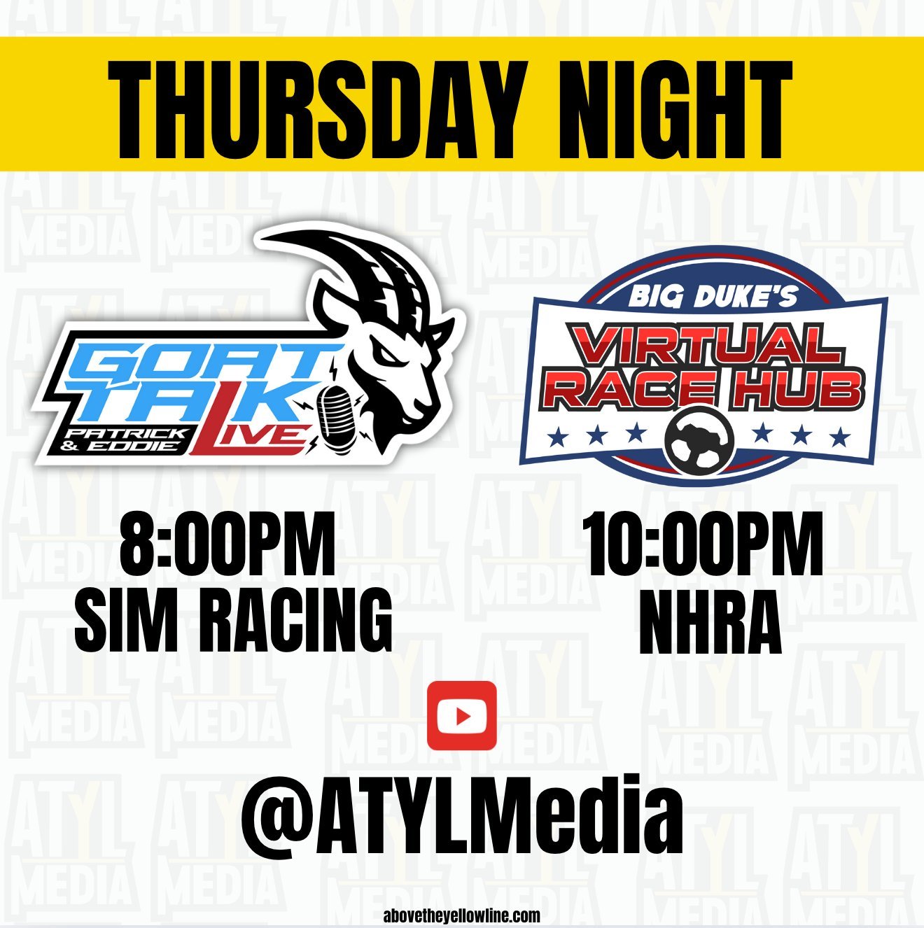 🚨You're not gonna want to miss this!

8PM - &quot;Goat Talk Live&quot; with Sim Rig Winner Tyler White
10PM - Join Big Duke to chat about NHRA!

@goatlockerracing // @bigduke_sim_racing 

📺https://www.youtube.com/@ATYLMedia/streams