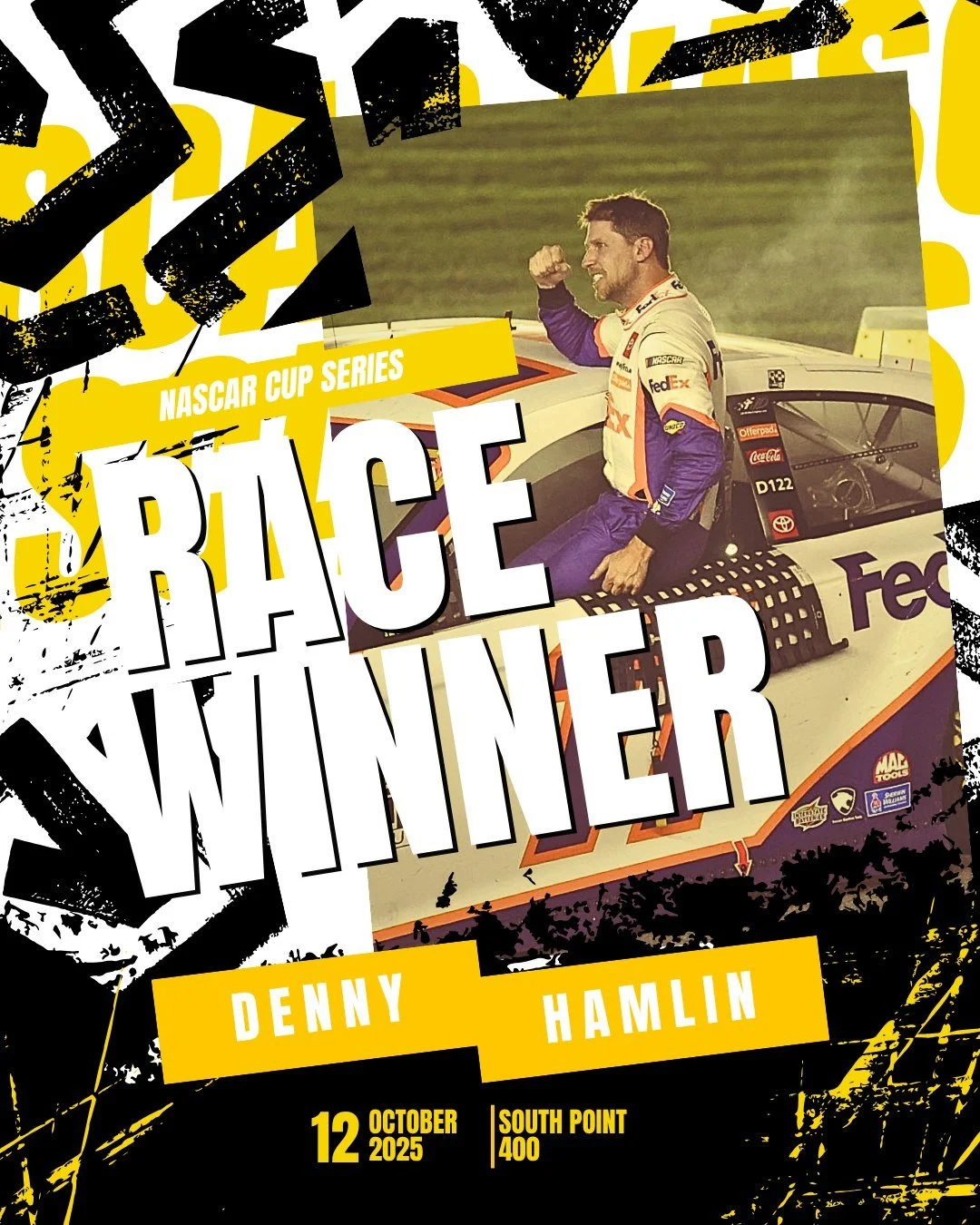 Playoff contender Denny Hamlin conquers Las Vegas, winning the South Point 400 in the No. 11 AMPM Toyota Camry XSE for Joe Gibbs Racing. A clutch performance under the lights as the playoffs roll on. 🏁🎲 

#NASCAR #SouthPoint400 #JGR #DennyHamlin