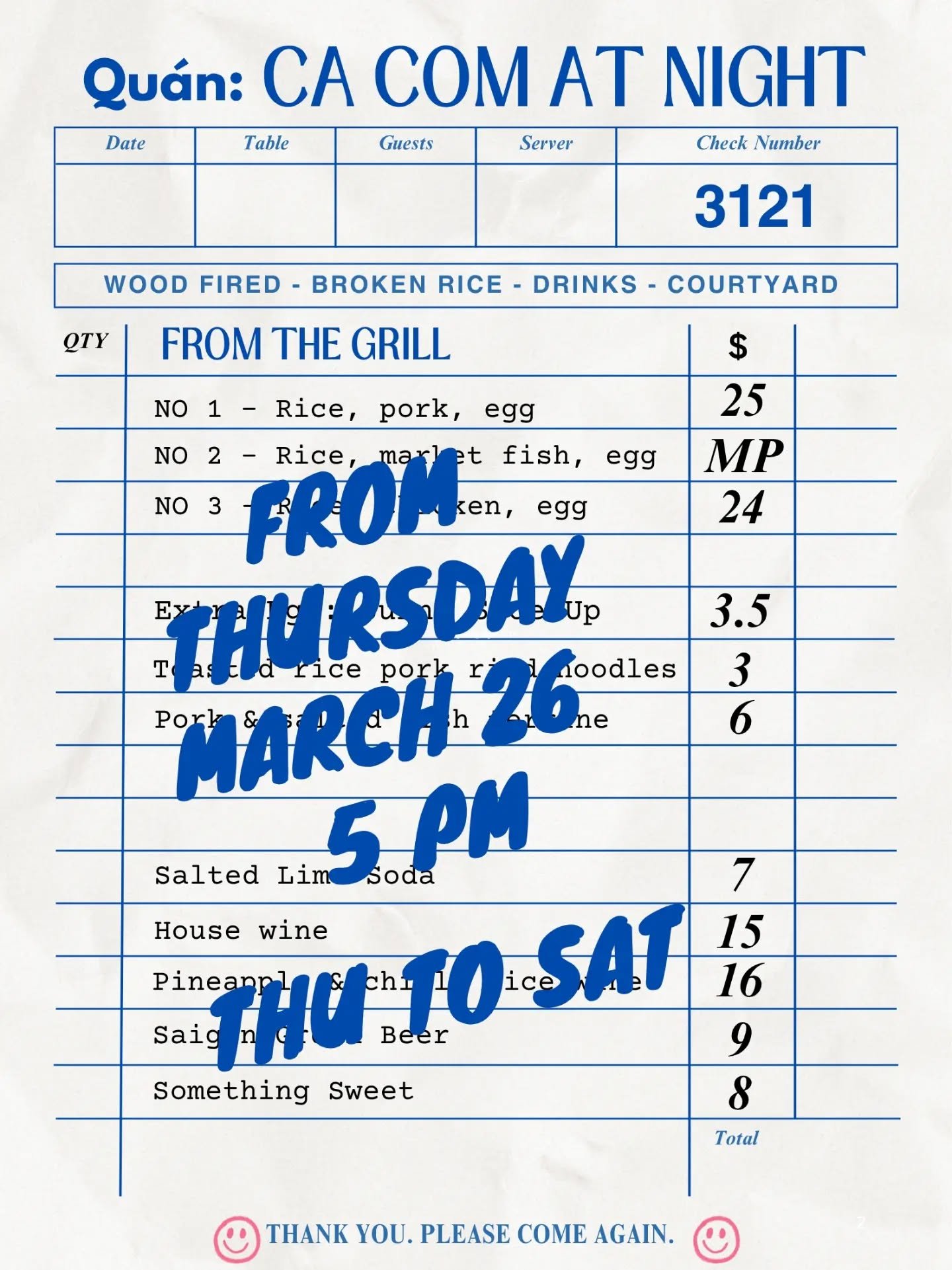 One wood grill.
Two words. Com Tam
Three flavours to fall for.
Starts fourth day of next week.
Five pm onwards.
Twenty sixth of March.

We are bringing broken rice to Bridge Rd. Thursday to Saturday evenings from next week onwards