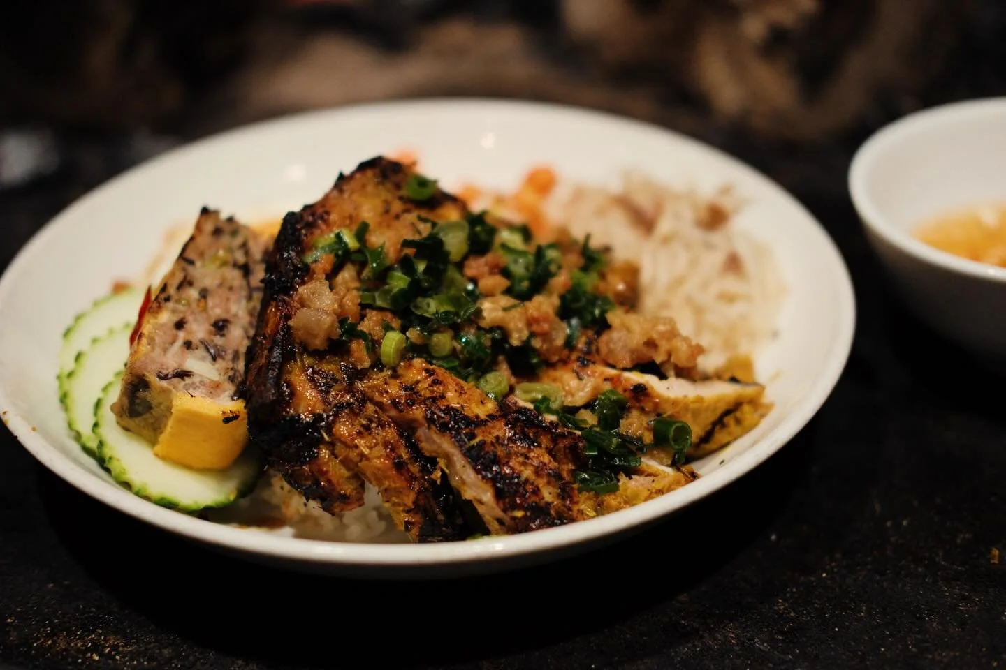 Com Tam with the lot
Pork chop over the wood grill
Salted fish terrine, pork rind noodles, fried egg, pickles
Plus a bowl of hot pork bone broth

🔥