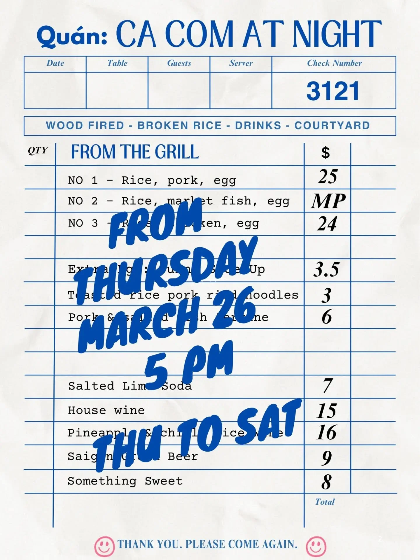 One wood grill.
Two words. Com Tam
Three flavours to fall for.
Starts fourth day of next week.
Five pm onwards.
Twenty sixth of March.

We are bringing broken rice to Bridge Rd. Thursday to Saturday evenings from next week onwards