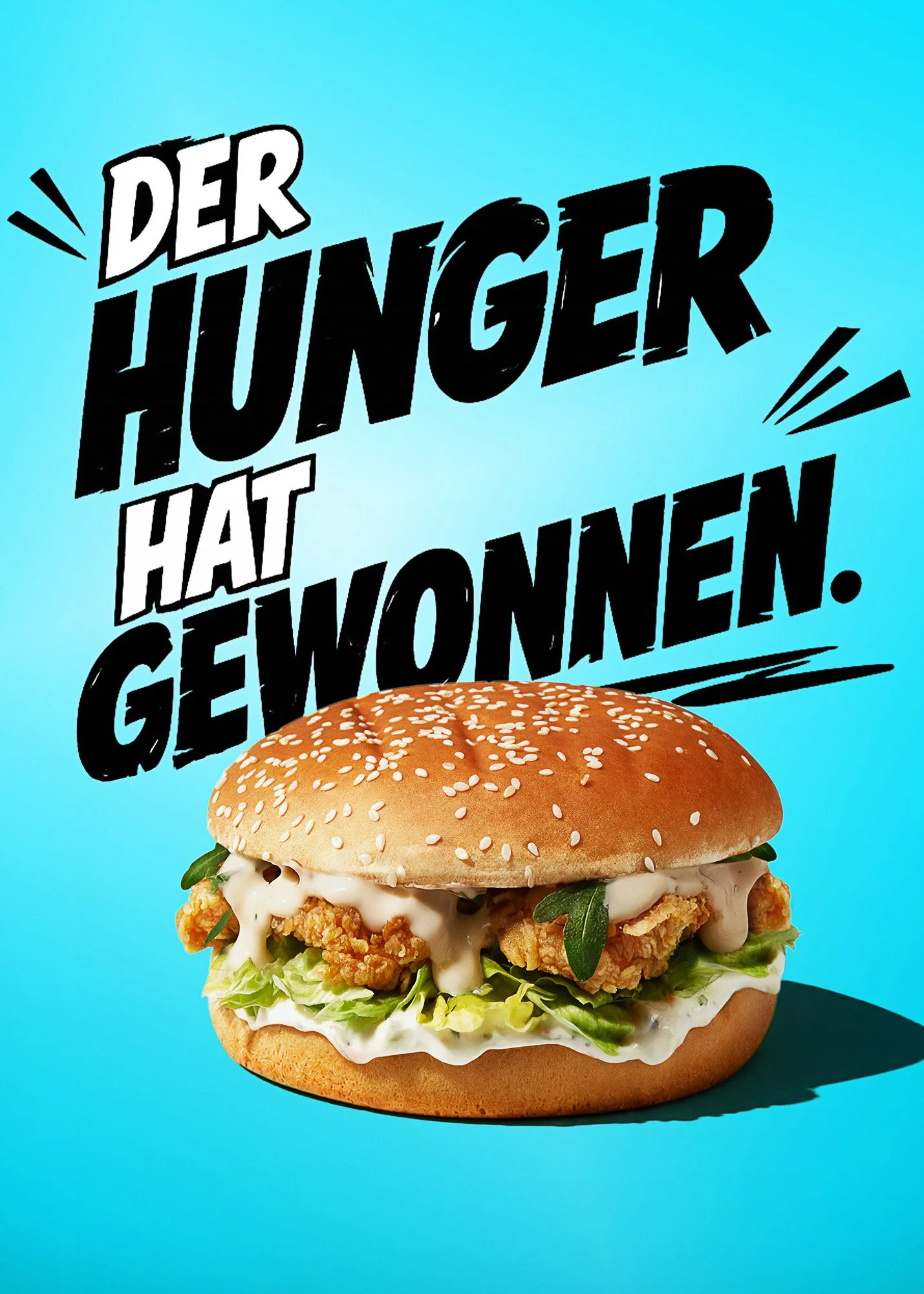 Food-Werbefotografie für Delivery- und Gastronomiemarken. Knuspriger Chicken Burger mit aufmerksamkeitsstarker Kampagnengestaltung und modernem Advertising-Look.