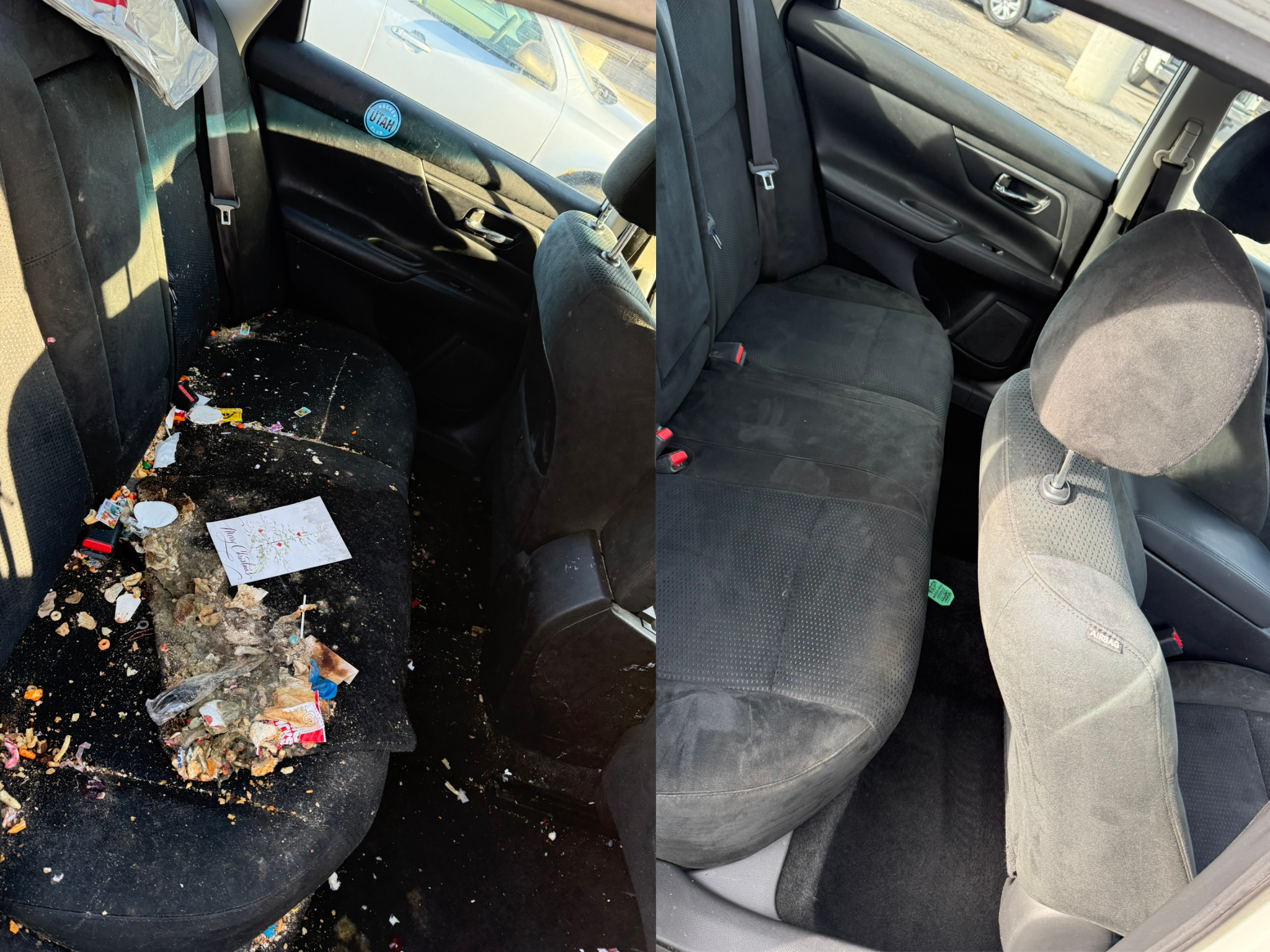 Left side: Dirty car backseat with trash, dirt, and debris. Right side: Clean car backseat with no trash or dirt.